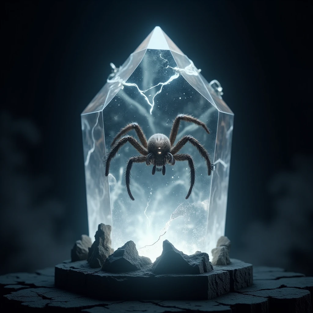 professional 3d model <lora:lora.TA_trained:1>"A large, glowing crystal standing upright with a spider fully encased inside it, frozen in mid-motion. The crystal radiates a soft, eerie light, its sharp, angular edges glowing with a faint blue hue. Inside, the spider's hairy legs, detailed body, and multiple glowing eyes are visible through the transparent surface, as if suspended in time. The spider appears trapped, its legs curled as if it was trying to escape. The crystal is smooth and clear, with tiny cracks and glowing veins running through it, making the spider look as though it is a part of the crystal itself. The environment around the crystal is dark and mysterious, with faint light illuminating the stone base where the crystal rests." . octane render, highly detailed, volumetric, dramatic lighting