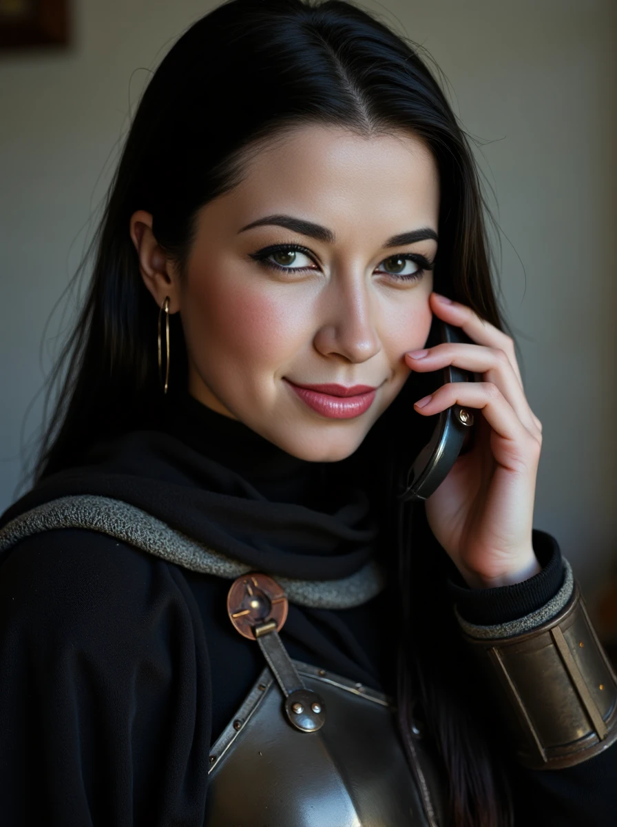 close up photo of a dressed woman on the phone, with sleek straight hair, her pale skin has a high detailed texture and shows details like moles, small hairs and pores, her expression is a shy smile, she is wearing a battlefield scavenger's mismatched armor pieces from different eras, a cloak with holes, and boots falling apart, always lurking around the aftermath. Set inside, with a natural lighting. <lora:alexclora-000012:1>