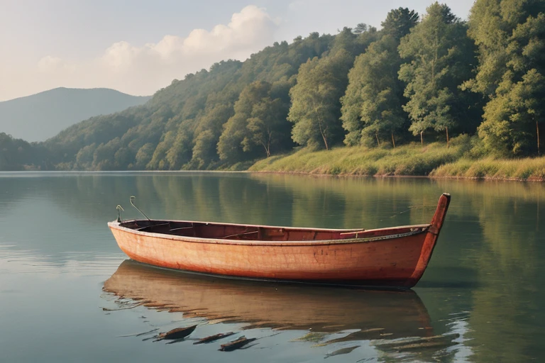 A rowboat on a shore, peaceful lake, pastel tones <lora:pcm_sd15_smallcfg_8step_converted:1>