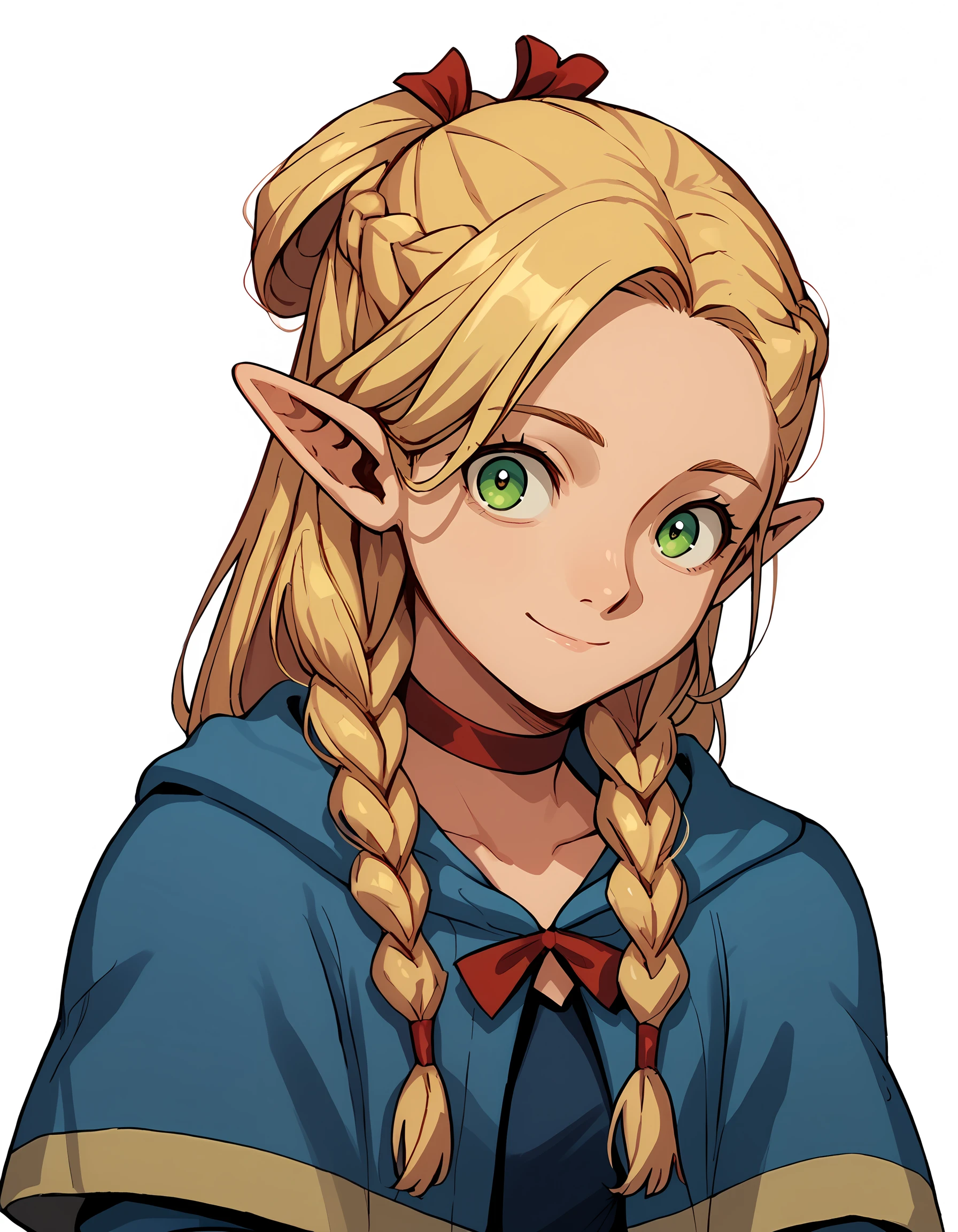 <lora:Marcille:1>marcille-donato, 1girl, solo, simple white background,
blue capelet, blue robe, smile, upper body, red choker, closed mouth, french braid, twin braids, half updo