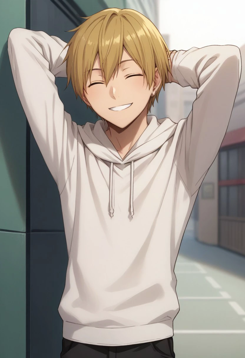 score_9, score_8_up, score_7_up, source_anime, highly detailed, 
masaomi, 1boy, male focus, solo, blonde hair, short hair, hair between eyes, closed eyes, hoodie, white hoodie, hood, jewelry, earrings smile, hands behind head,
outdoor,