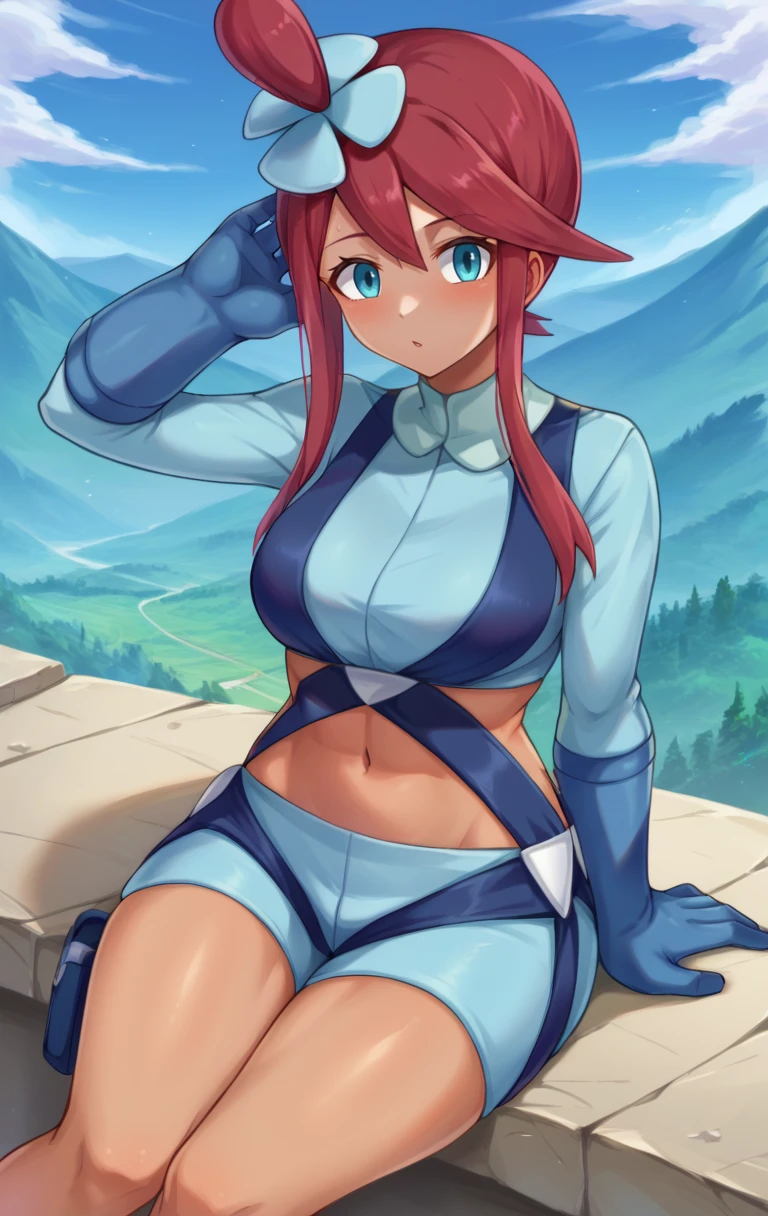 score_9,score_8_up,score_7_up BREAK <lora:Skyla10:1>,SkylaMArlo,1girl,blue eyes,hair ornament,gloves,jacket,:d,sidelocks,red hair,shorts,midriff,dark-skinned female,crop top,short shorts,blue shorts,blue gloves,holster,thigh pouch,skyla (pokemon),cowboy shot,landscape. sitting,