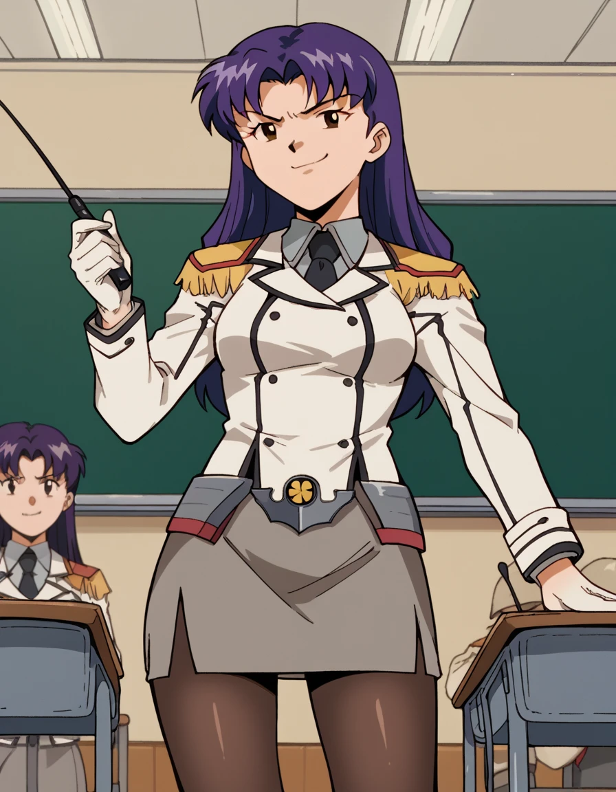 score_9, score_8_up, score_7_up, source_anime, <lora:misato-katsuragi-classic-ponyxl-lora-nochekaiser:1>, misato katsuragi, long hair, brown eyes, purple hair, parted bangs, medium breasts, <lora:kancolle-katori-cosplay-ponyxl-lora-nochekaiser:1>, kancolle katori cosplay, katori (kancolle) (cosplay), riding crop, pointer, epaulettes, holding pointer, double-breasted, cosplay, military uniform, military, holding riding crop, buttons, necktie, white gloves, black necktie, pantyhose, grey skirt, indoors, classroom, smug,, cowboy shot,