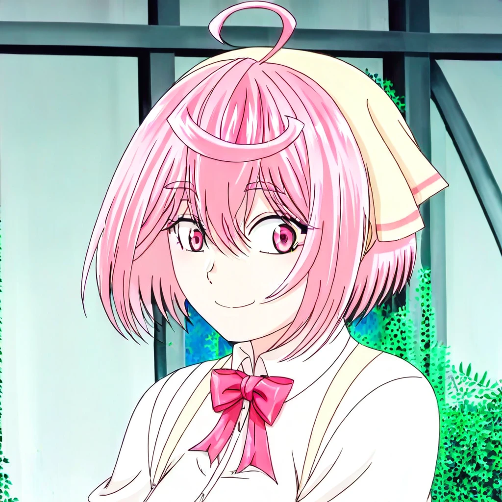 aruraru_kamikatsu, 1girl, ahoge, bangs, blurry, blurry background, blurry foreground, bow, bowtie, collared shirt, depth of field, eyebrows visible through hair, looking at viewer, photo \(medium\), pink eyes, pink hair, red bow, school uniform, shirt, short hair, smile, solo, upper body, white shirt, a girl with pink hair and a bow tie in a room with a window and a plant in the background, Aya Goda, yukito kishiro, a colorized photo, remodernism