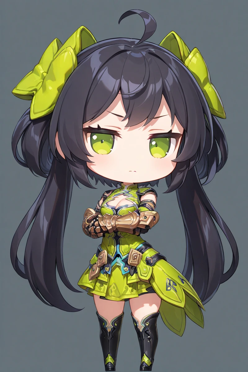 <lora:fumo3>,
1 girl,chibi,solo,
masterpiece,best quality,
fumo,simple background,
, green eyes, black hair, ahoge, gauntlets, cleavage cutout, green skirt, <lora:Sunshangxiang_xl:0.8>