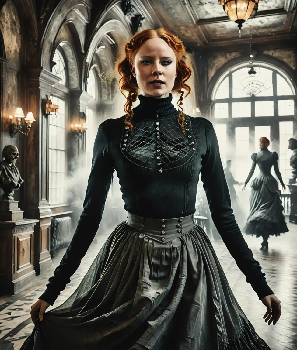 a professional absurdres sharp focus intricately detailed full torso photograph of Barbara_Meier,
She's wearing a turtleneck and quasi-victorian clothes and dancing in the lobby of a haunted hotel with a mischievous aspect,
The background is dark and epic, The overall tone is intense, dark fantasy,  but with slivers of whimsy throughout,
 <lora:Barbara_Meier-SDXL10:1>  <lora:CBS_novuschroma37 style_b:0.65> novuschroma37 style,
 <lora:DonMV31l0fD4rkn355XL:0.6> DonMV31l0fD4rkn355XL <lora:DonMGl00myN1gh7m4r3XL:0.6> DonMGl00myN1gh7m4r3XL <lora:eldoria:0.7> eldoria