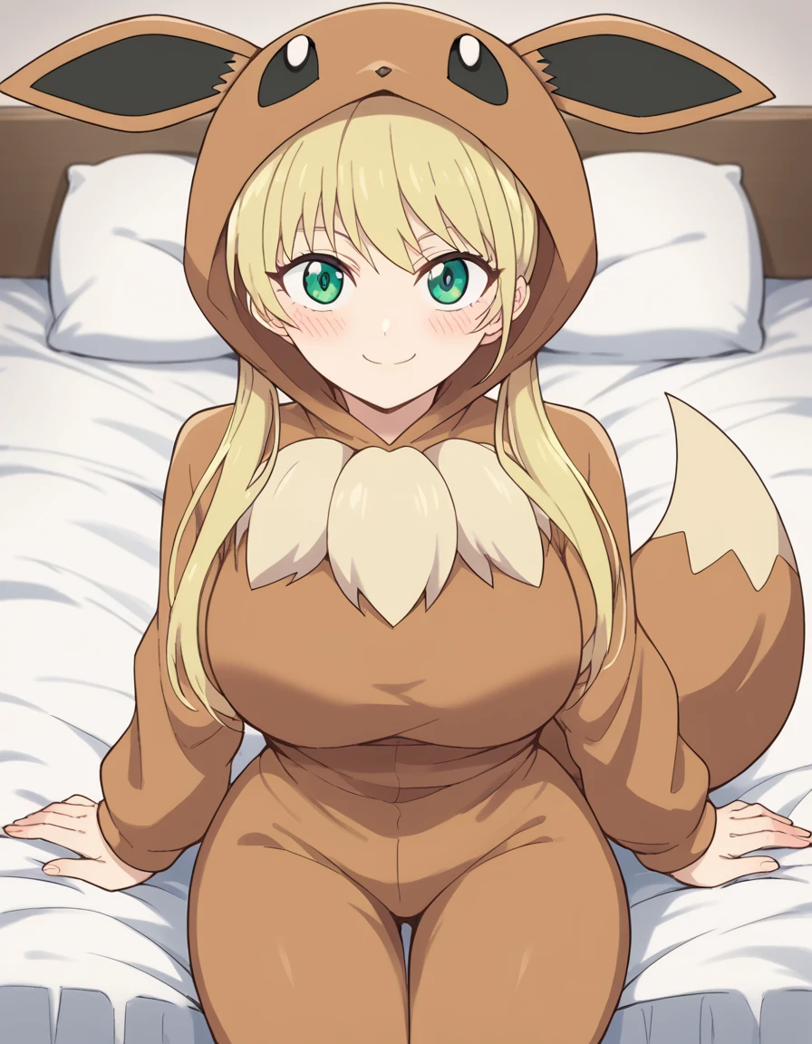 score_9, score_8_up, score_7_up, source_anime, <lora:rika-hoshizaki-s2-ponyxl-lora-nochekaiser:1>, rika hoshizaki, green eyes, blonde hair, twintails, large breasts,, <lora:eevee-cosplay-ponyxl-lora-nochekaiser:1>, eevee cosplay, eevee (cosplay), cosplay, hood, hood up, long sleeves, kigurumi, animal ears, pokemon tail, tail,, bed, on bed, sitting, smile, blush,, cowboy shot, looking at viewer,