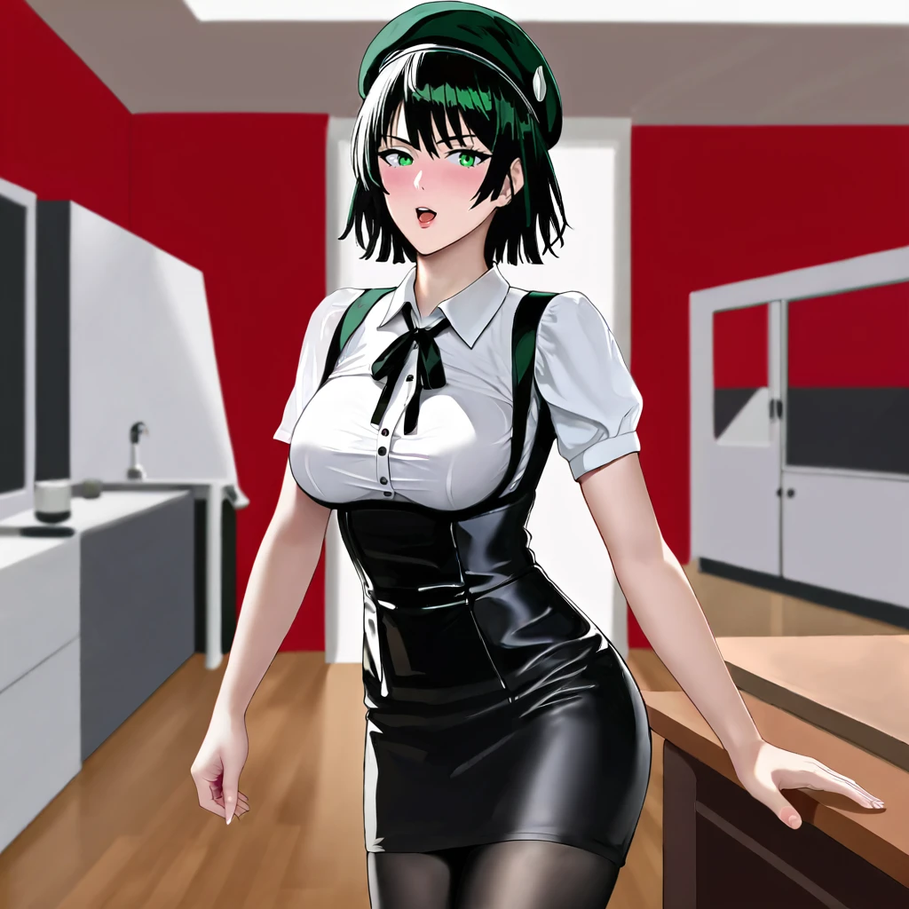 <lora:Fubuki_pony_v1:0.7> Fubuki, 1girl, fubuki (one-punch man), black hair, short hair, large breasts, green eyes, bangs, cowboy shot,,  <lora:0902 Home wear 5_v1_pony:1> ruanyi0902,beret,black ribbon,collared shirt,black pantyhose,high-waist skirt,white shirt,suspenders