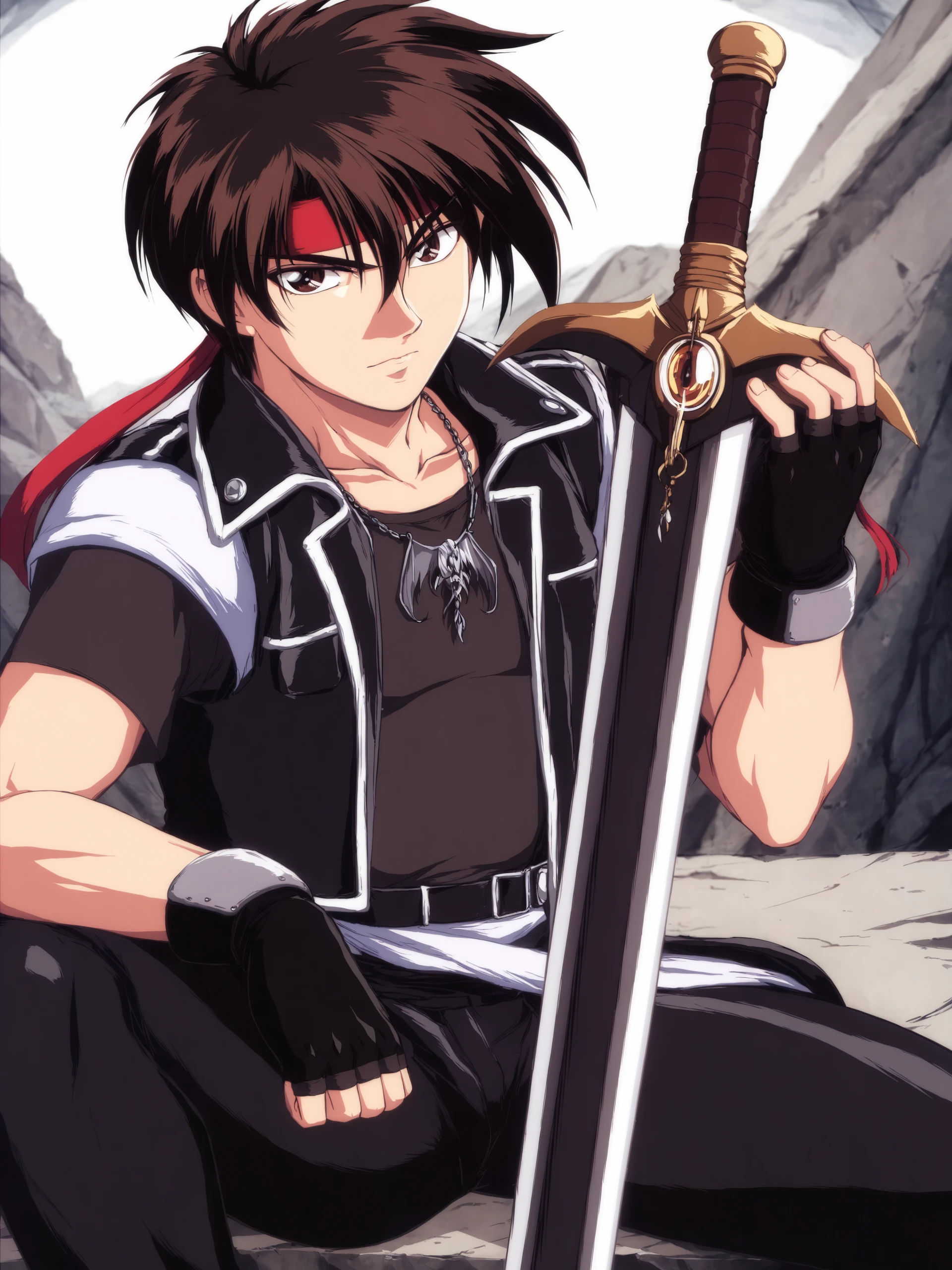 masterpiece, best quality, orphen, majutsushi orphen, retro artstyle, solo, looking at viewer, short hair, shirt, brown hair, black hair, 1boy, gloves, holding, hair between eyes, closed mouth, jewelry, sitting, brown eyes, jacket, collarbone, male focus, weapon, short sleeves, black gloves, pants, sword, fingerless gloves, holding weapon, necklace, vest, black shirt, black pants, headband, holding sword, red headband, general  <lora:Orphen_v1.0-000006:0.8>