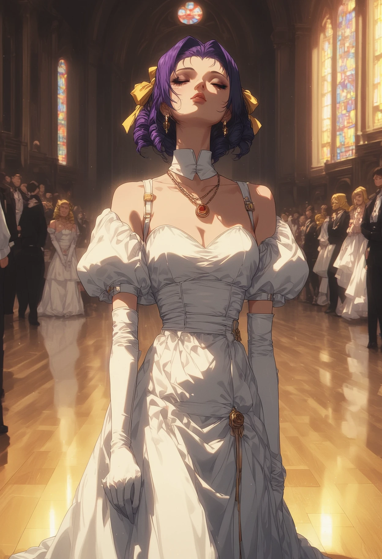 score_9, score_8_up, score_7_up, score_6_up, score_5_up, score_4_up,
solo, 
intricate details,
faye valentine, full body, wedding, white dress, (drill hair), white elbow gloves, detailed necklace, walking down aisle, crowd of people, god rays, church, red carpetted floor, bokeh, yellow hair ribbon, purple hair, closed eyes, (detailed jewelry), earrings, indoors, partially illuminated