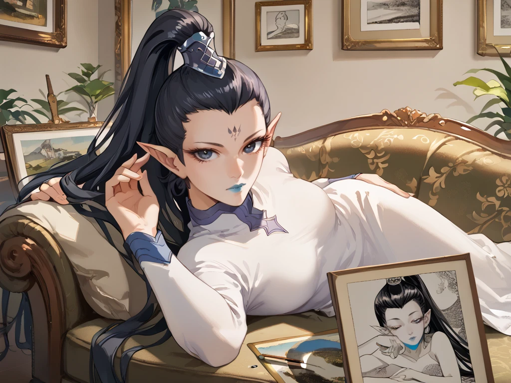 wuma,solo,black hair,1girl,lips,Pointed Ears,high ponytail,very long hair,eye focus,Blue lipstick,Eyelashes,Eye highlight,dress,h(alf-closed eyes:0.7),star in eye,<lora:wuma:1>,<lora:draw_me_french_girl_meme:1>,drawing,couch,modeling,Women lying on the sofa,looking at viewer,picture frame,(bad painting:1.2),, score_9,score_8_up,score_7_up,score_6_up,score_5_up,