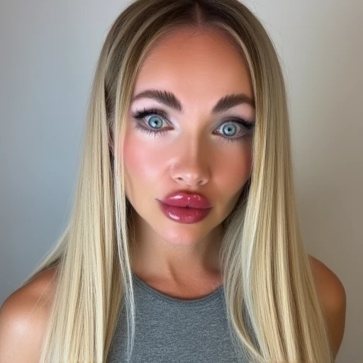 (hannahowo:1.3), 1 woman, (straight hair), (blonde hair), posing as a model, ((realistic lighting, Best quality, 8k, Masterpiece: 1.3)), Perfect beauty: 1.4, Clear focus: 1.8, (RAW style, Masterpiece , Best quality, Ultra detailed), analog style, (leather texture image, film grain), cinematic light, side lighting, ultra high resolution