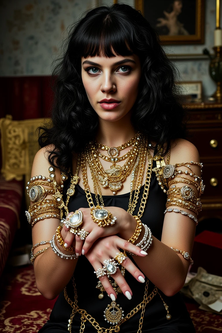 half-body portrait of a woman, in a surreal, eccentric style.

long, slightly disheveled black hair, framing her face, with pale makeup and dark, dramatic eyes, lips slightly parted, as if gasping for air, giving a sense of struggle and intensity.

draped in an overwhelming amount of jewelry—multiple heavy gold necklaces, diamond-encrusted bracelets stacked up both arms, oversized gemstone rings on every finger, and layers of pearl and jeweled headpieces, weighing her down but clinging to every piece with a desperate grip.

her expression tense yet oddly serene, eyes wide with a mix of longing and strain, sitting in a dimly lit room, surrounded by discarded luxurious boxes and velvet cushions, as though drowning in her own opulence.

dark, moody tones, harsh lighting, creating deep shadows, surreal and bizarre atmosphere, visually heavy, blending luxury with an unsettling, almost suffocating sense of obsession and greed, avant-garde fashion editorial quality.