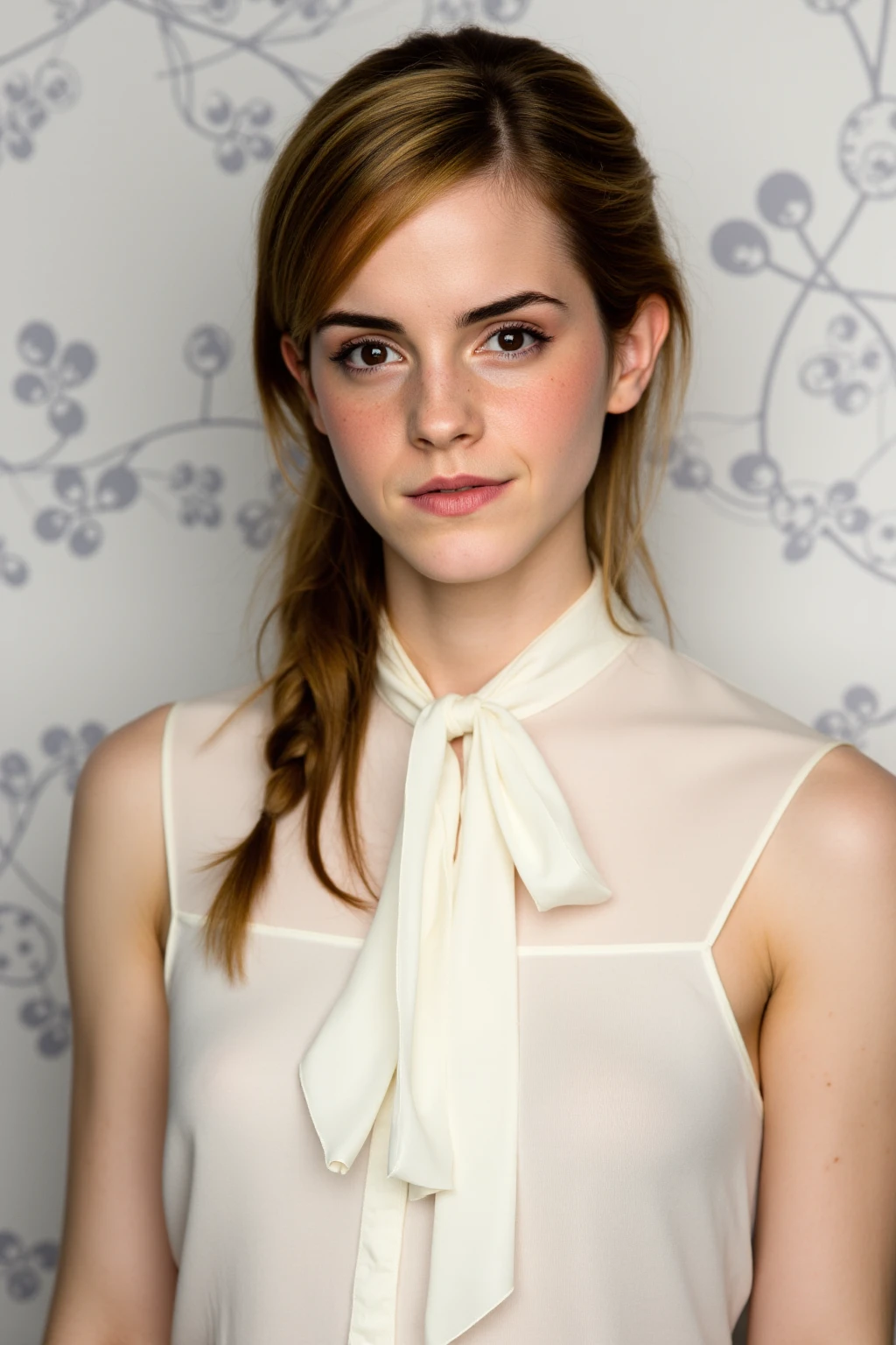 This is a high-resolution photograph of a young woman with fair skin, light brown hair styled in a simple, low side-braid, and expressive hazel eyes. She has a delicate, almost ethereal appearance, with a few freckles scattered across her nose and cheeks. She is wearing a sleeveless white blouse with a large bow tied at the neck, adding a touch of elegance and femininity to her look. The blouse is made of a soft, smooth fabric that drapes neatly against her shoulders.
The background features a patterned wallpaper with a floral design in shades of white and pale gray, which complements the simplicity of her attire and adds a touch of sophistication to the image. The wallpaper design includes large, abstract floral shapes with delicate lines and dots, creating a serene and elegant backdrop that enhances the subject's natural beauty.
The lighting in the photograph is soft and even, highlighting the woman's features without casting harsh shadows. The overall mood of the image is calm and introspective, with a focus on the subject's natural beauty and the simplicity of her attire. The photograph captures a moment of quiet contemplation, emphasizing the subject's serene expression and the soft, elegant tones of the image.
,Emma Watson, , <lora:Emma_Watson_Flux_V1-000001:1>