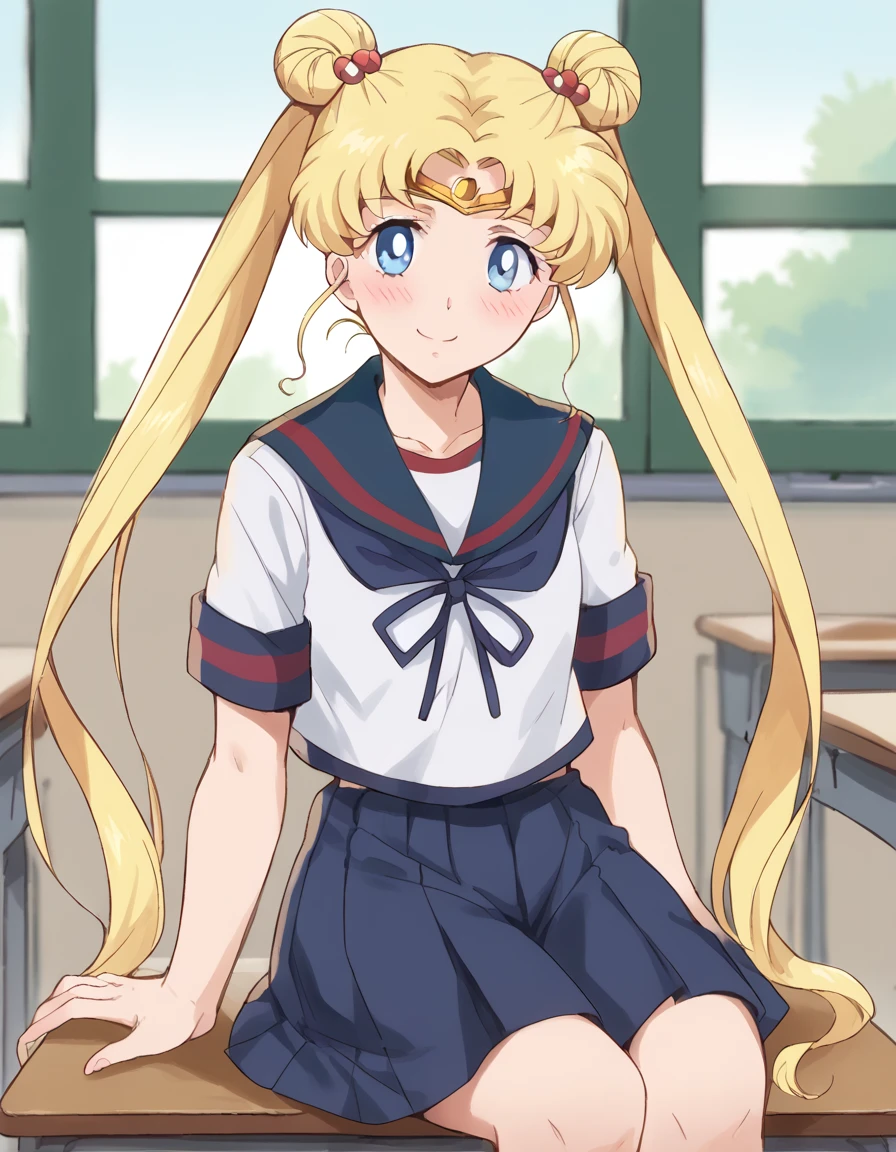 score_9, score_8_up, score_7_up, source_anime, <lora:usagi-tsukino-eternal-movie1-ponyxl-lora-nochekaiser:1>, usagi tsukino, blonde hair, blue eyes, double bun, hair bun, hair ornament, long hair, twintails, circlet, parted bangs,, <lora:kancolle-fubuki-cosplay-ponyxl-lora-nochekaiser:1>, kancolle fubuki cosplay, fubuki (kancolle) (cosplay), blue skirt, cosplay, pleated skirt, sailor collar, school uniform, serafuku, neckerchief, ribbon,, indoors, smile, blush, sitting, classroom,, cowboy shot, looking at viewer,