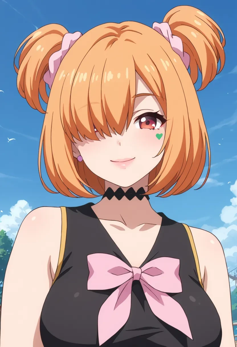 score_9, score_8_up, score_7_up, score_6_up,
masterpiece,

1girl, solo,

E9, pink scrunchie, orange hair, short hair, scrunchie, facial mark, hair ornament,

brown eyes, red eyes, hair over one eye,

choker, bow black tank top,

smile,