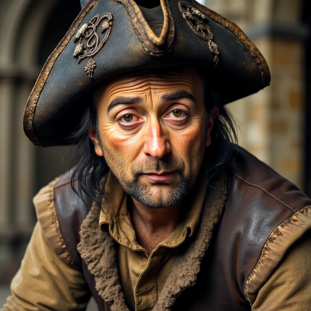 an image of tony robinson in a grubby and dirty medieval uniform, he looks shifty and sly as if he is about to steal from the viewer