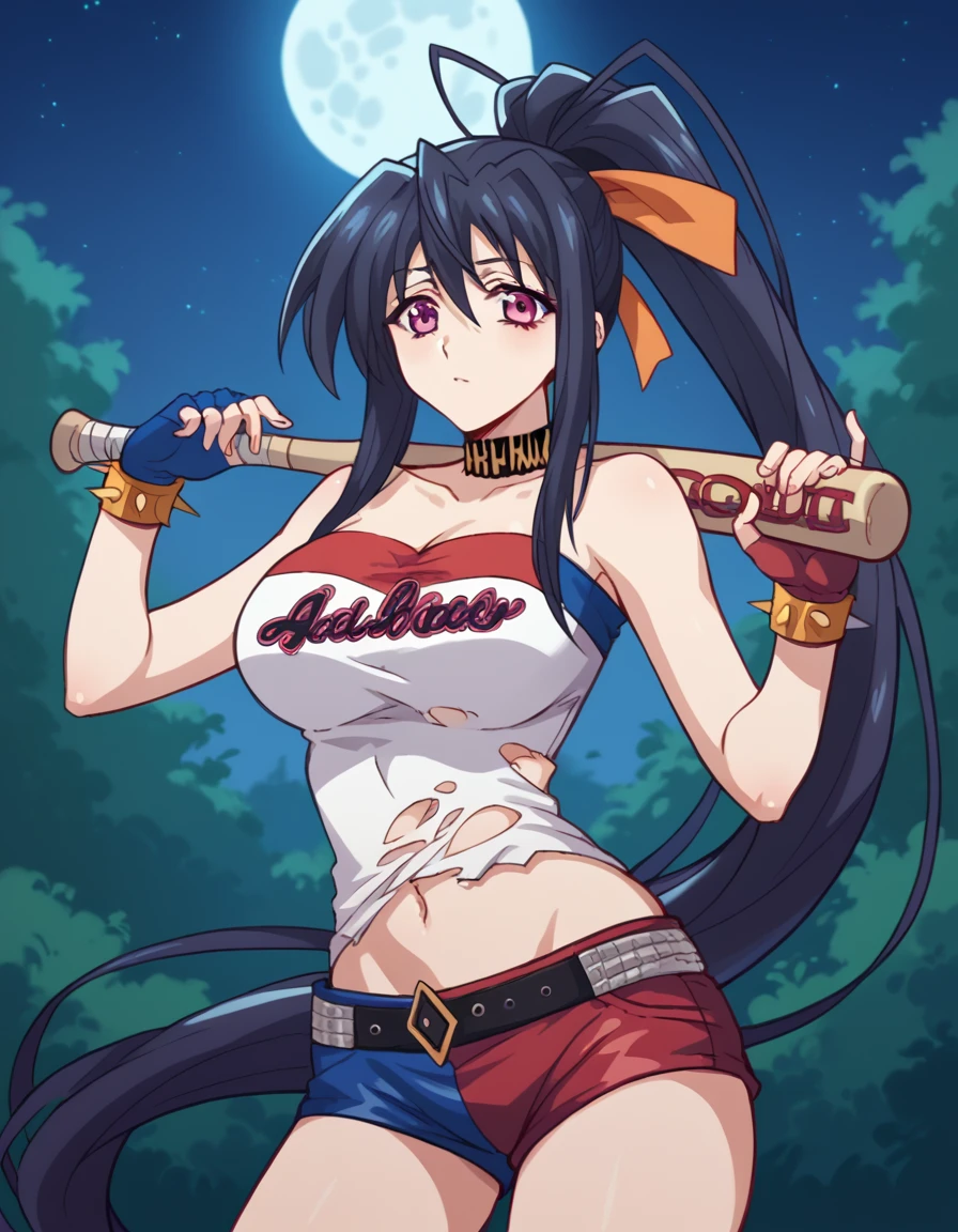 score_9, score_8_up, score_7_up, source_anime, <lora:akeno-himejima-ponyxl-lora-nochekaiser:1>, akeno himejima, long hair, black hair, ribbon, very long hair, purple eyes, hair ribbon, ponytail, antenna hair, large breasts,, <lora:harley-quinn-cosplay-ponyxl-lora-nochekaiser:1>, harley quinn cosplay, harley quinn (cosplay), bare shoulders, choker, collarbone, cosplay, fingerless gloves, heart, heart tattoo, jewelry, multicolored clothes, multicolored shorts, navel, shorts, spiked bracelet, spikes, stomach, strapless, torn clothes, tube top, two-tone shorts, outdoors, night, moon, baseball bat, holding, holding baseball bat,, cowboy shot, looking at viewer