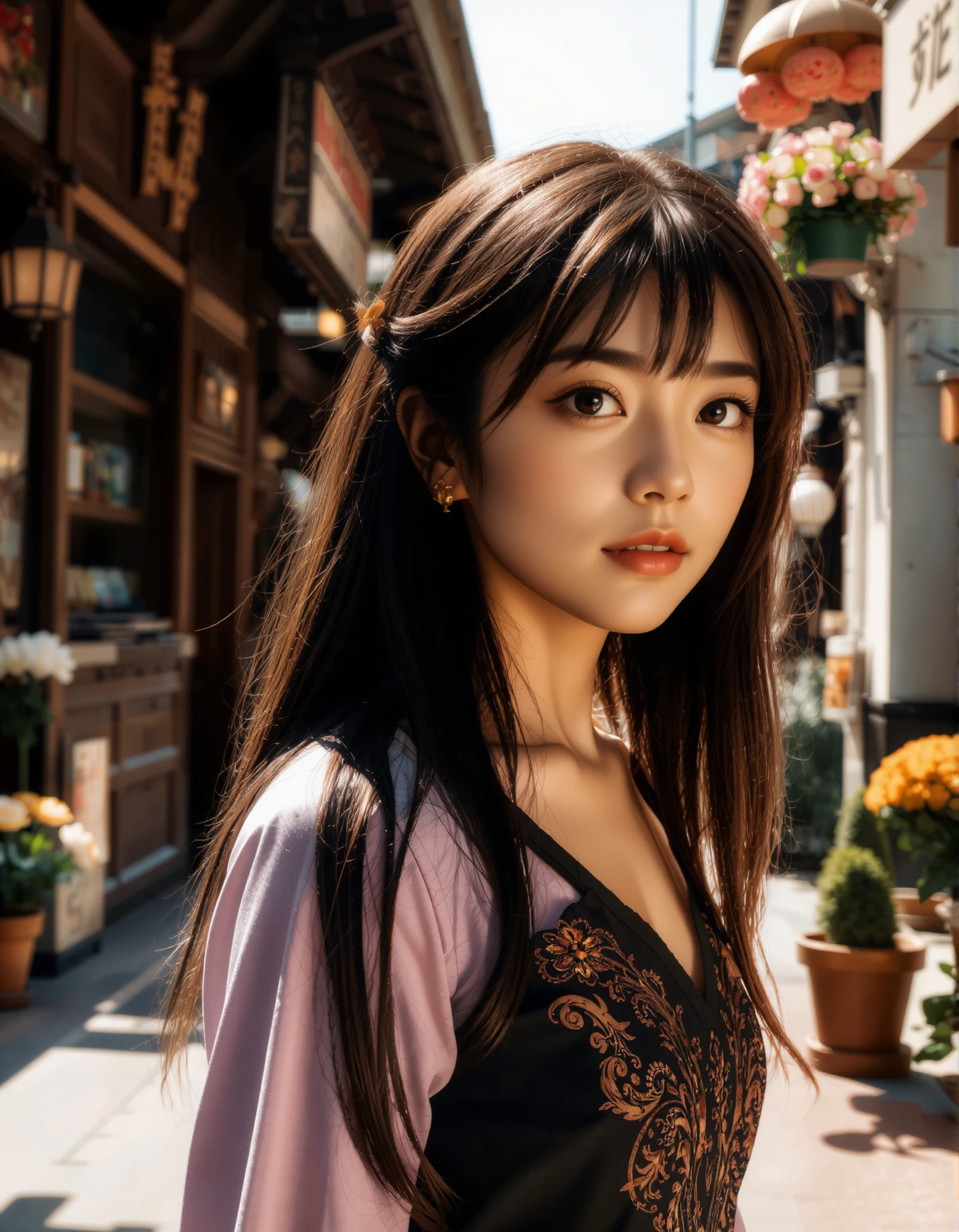 A photograph of an incredibly beautiful 18-year-old girl with long, stylish gradient brown hair, standing confidently at a street during daylight. The natural light highlights her confident posture and elegant features, contrasts beautifully with her modern, stylish appearance. The atmosphere is serene, with the warm sunlight casting soft shadows and enhancing the overall balance between youthfulness and cultural heritage in the composition. Delicate flower and plant arrangements adorn her surroundings, bathed in dynamic chiaroscuro's dramatic play of light and shadow. High-resolution details reveal perfect anatomy, drawing the viewer in with its awe-inspiring beauty. The scene is centered, radiating an atmosphere of mystery as the subject's captivating pose fills the frame. With a smooth, sharp focus, the illustration bursts forth in high definition, accent lighting casting an otherworldly glow amidst contrasting bright paint colors on concept art.
