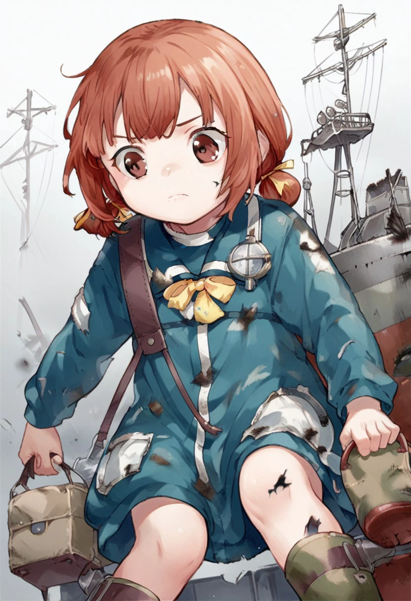 score_9, score_8, score_7, source_anime, kaiboukan yotsu (kancolle), closed mouth, rigging, hair ribbon, yellow ribbon, long sleeves, burnt clothes, bag, rubber boots, feet out of frame