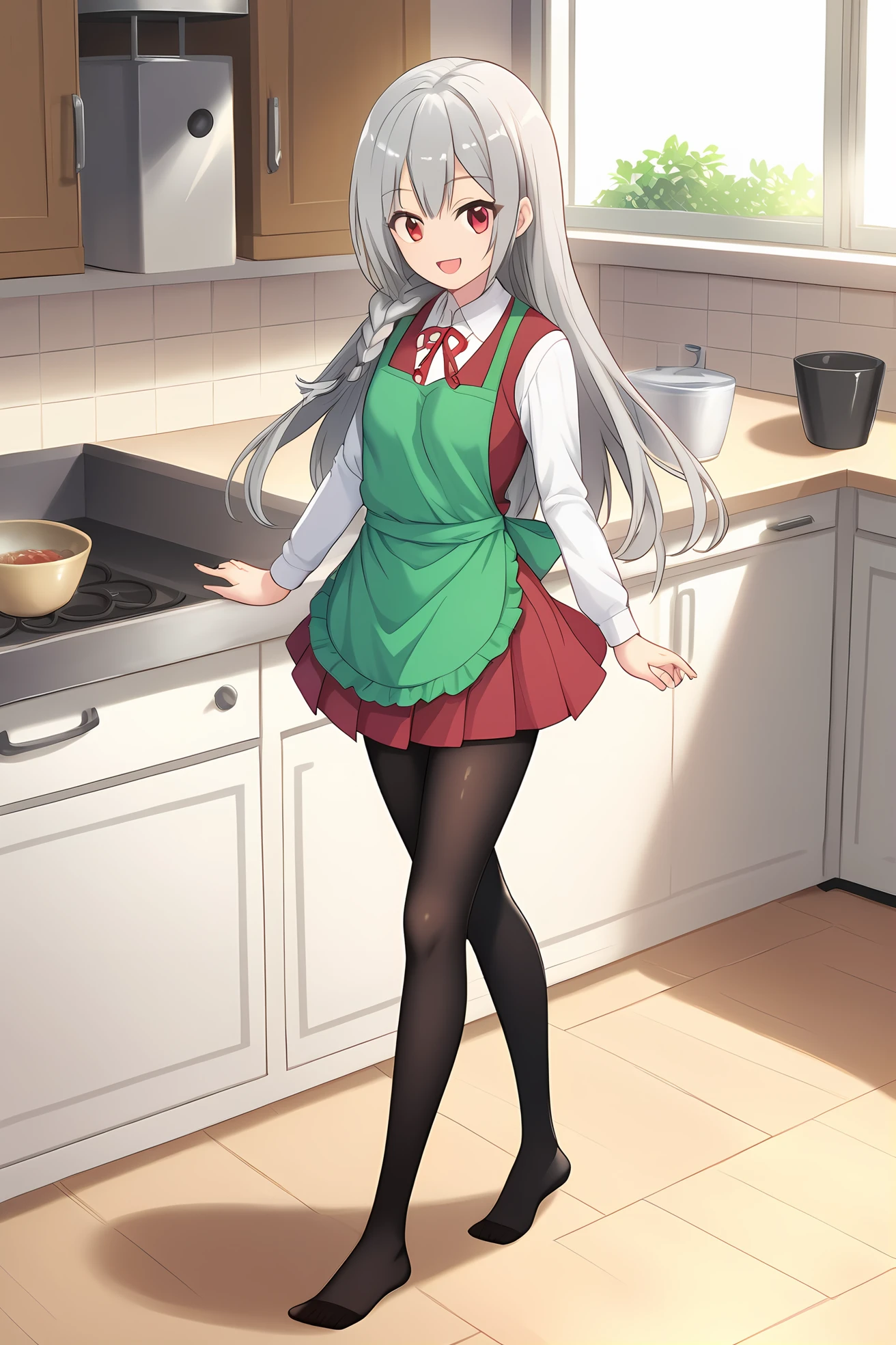 (green apron school uniform red vest white short long sleeves red skirt black pantyhose:1.40), ig-maidena, grey hair, red eyes, 1girl, solo, skinny, score_9, score_8_up, score_8, score_7_up, score_7, score_6_up, score_6, score_5_up, score_5, source_anime, (happy:1.10), kitchen, (full body:1.20), (:1.20), feet, <lora:ig-maidena-V01-000003:0.60> small breasts, long hair, single braid