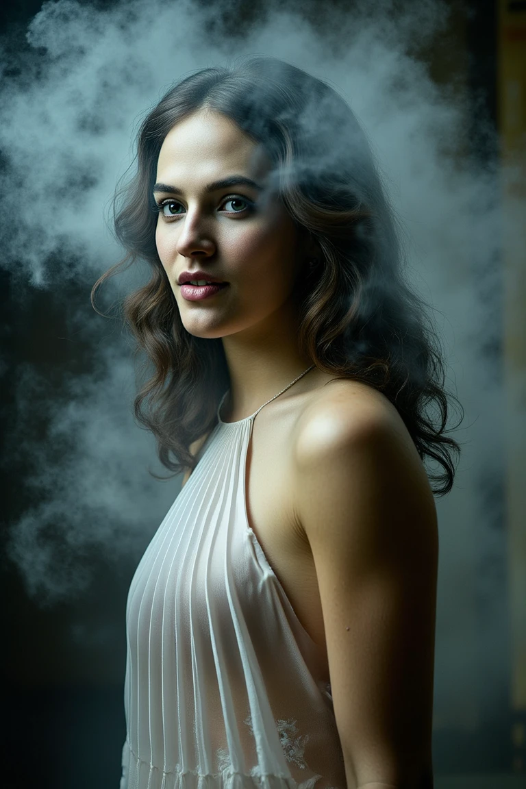 Artistic photograph, ethereal and mysterious.
Long, flowing hair, slightly tousled, soft makeup with a hint of shimmer, enhancing her delicate features.
Dressed in a flowing gown, translucent fabric that subtly blends with the surrounding haze, creating a dreamlike quality.
Partially obscured by swirling smoke, only her gentle smile and bright eyes visible, evoking a sense of intrigue and allure.
Soft, muted colors, low lighting enhancing the smoky ambiance, creating a tranquil yet enigmatic atmosphere, captivating and surreal.