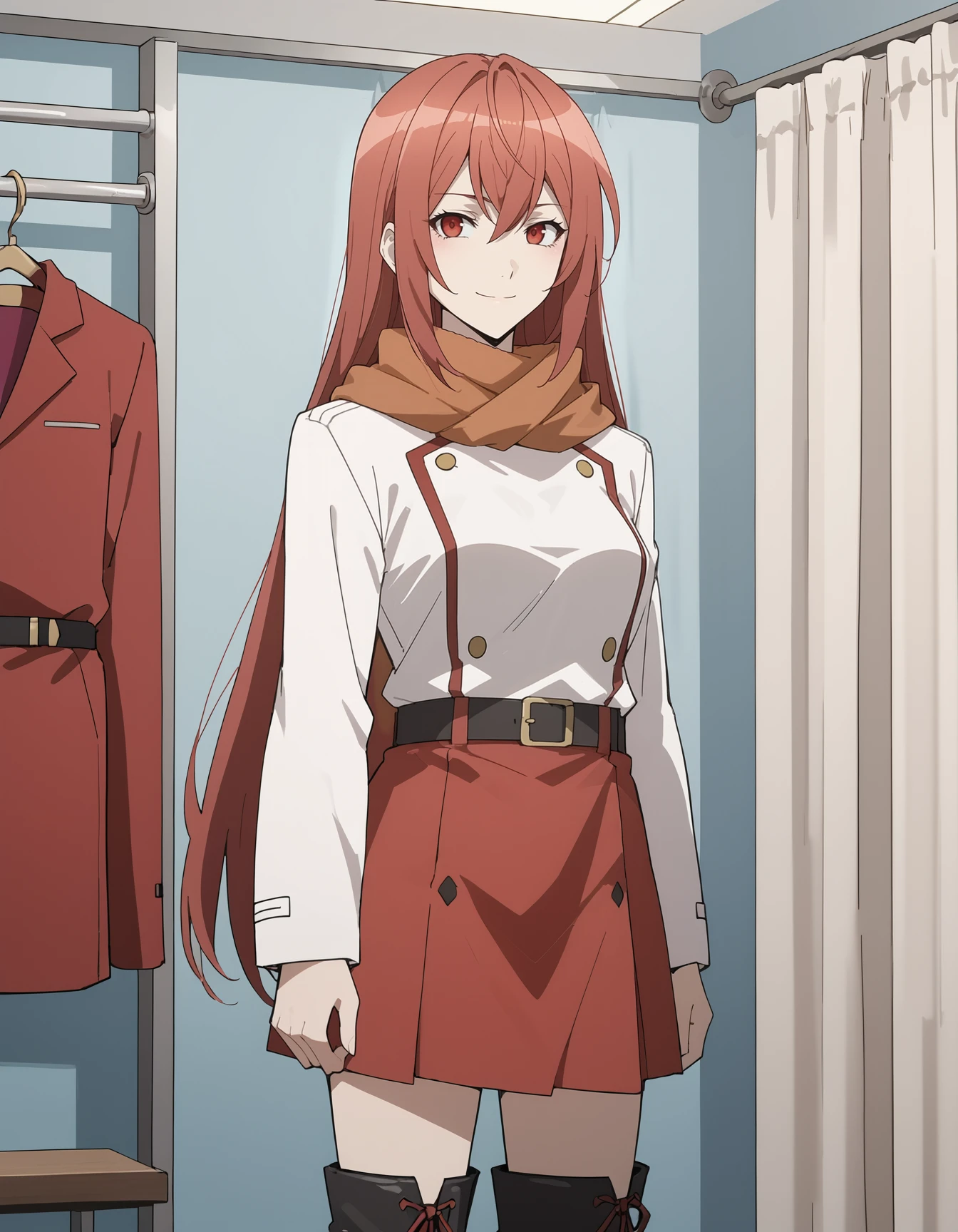 (score_9, score_8_up,score_7_up,source_anime,anime),solo,1girl,1girl, <lora:Hakaze:1>, Hakaze,long hair,red hair,red eyes,
,light smile
BREAK
scarf,long sleeves,red skirt,belt,knee boots
,cowboy shot,Standing,fitting room,curtains
BREAK 
looking at viewer   <lora:NoctFlatStyleV4:0.6>