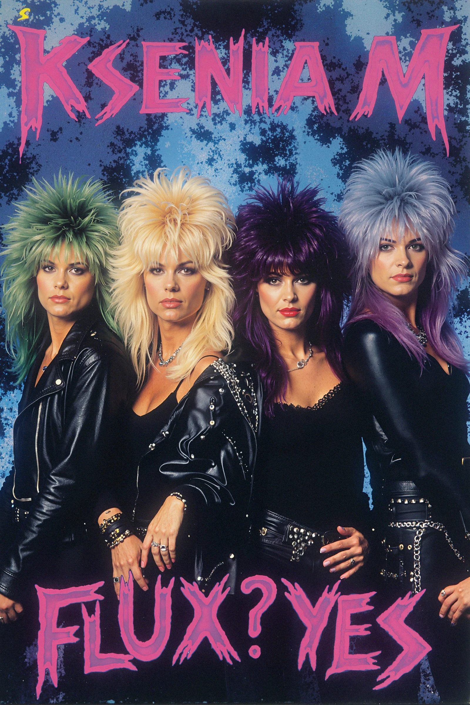 This image is a photograph of a vibrant,colorful album cover. The central focus is a group of four women,each with long,voluminous hair styled in a dramatic,80s rock fashion. They are standing side by side,facing forward,and their outfits are dark,adding to the rock band aesthetic. The woman on the far left has green hair and is wearing a leather jacket. The second woman from the left has blonde hair and is wearing a black leather jacket with a metal chain. The third woman has two-tone blue and purple hair and a black top with a lace pattern,while the woman on the far right has blonde hair and is wearing a black leather jacket and a dark top. In the background,there is a textured,abstract design in shades of blue and purple,creating a visually dynamic and energetic backdrop.  Above the group,at the top center of the image,is the band's name,"KSENIA M," written in bold,uppercase letters.  Below the group,the words "FLUX? YES!" are written in a similar purple font,emphasizing the theme of the song. The overall style of the image is bold and expressive,typical of 80s rock album covers,characterized by bright colors,dramatic hair,and edgy fashion.   <lora:FLUX\FLUX.1-Turbo-Alpha\FLUX.1-Turbo-Alpha.safetensors:1>  <lora:MyTrainings\Test\Metal_Album_Covers_F1D_ARZUMATA.safetensors:1>  <lora:FLUX\Styles\Granular Luminosity Style.safetensors:1.2>