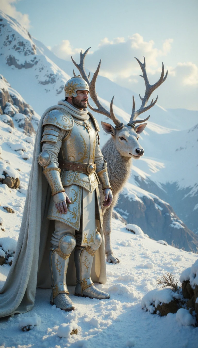 detailed city, A hyperrealistic rendering, full shot, of a knight in resplendent, frost-covered plate armor beside a majestic, alabaster stag with antlers reaching towards the cerulean sky. The knight, captured in a moment of stoic repose, stands slightly to the right of the stag, their gaze fixed on a point beyond the frame. Utilize a low-angle shot emphasizing the imposing presence of both figures against the backdrop of a glacial valley.  The scene is bathed in the diffuse, ethereal glow of a sun veiled by high altitude clouds, casting soft, cool light on the snow-laden landscape.  Emphasize the textural intricacy of the knight's armor, the stag's fur, and the pristine, wind-swept snow. The distant peaks of the mountains, tinged with a lavender hue by the waning light, should fade into a soft bokeh, further highlighting the knight and stag as the focal points. The image should exude an atmosphere of solemn serenity and quiet strength, hinting at a deeper narrative unfolding within the frozen wilds.