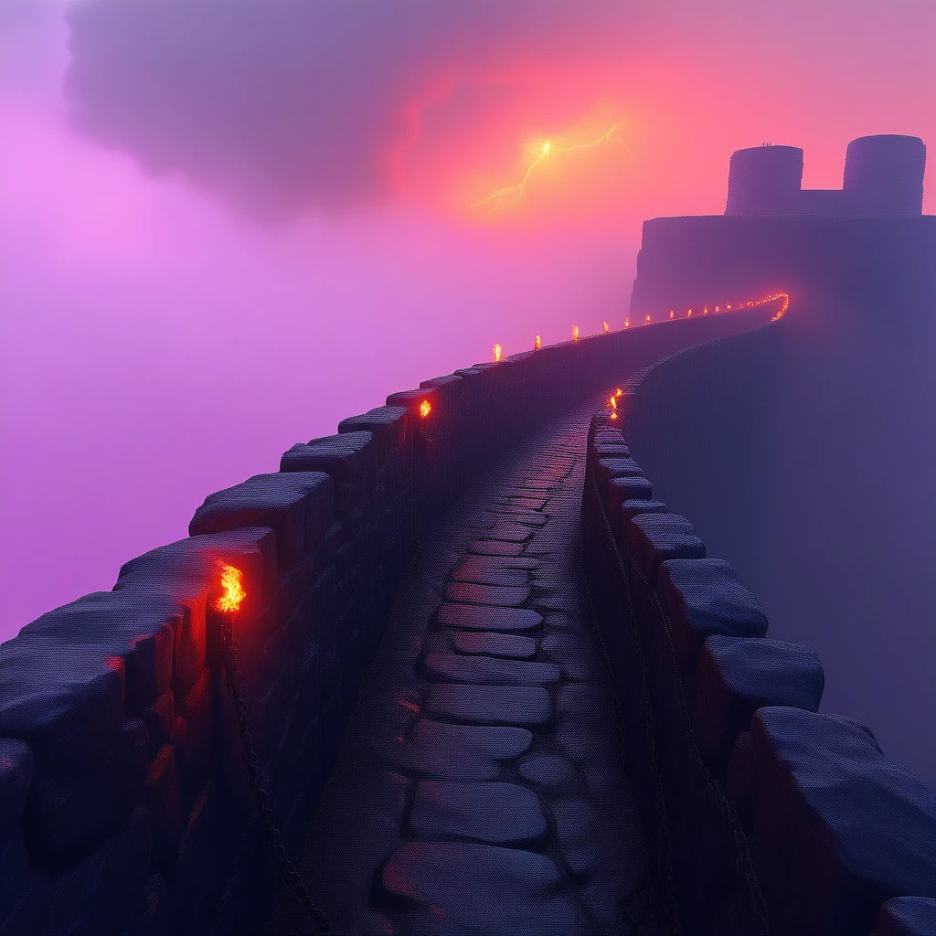 cpolldreamyfortress, cpolldfotfwl, on the fortress wall, otherworld, above the fortress wall, fortress wall, outdoor, orange sky, orange lightnings in sky, vivid purple mist, purple lightnings in vivid purple mist