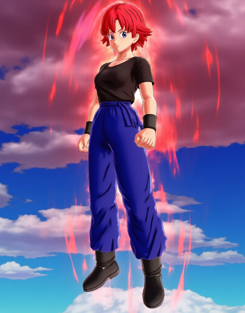 dblegendsstyle, a red hair girl with short hair and black eyes. she is wearing a black shirt and blue pants and black boots. standing mid air. she as a red aura. <lora:DbLegendsGameStyle_Flux_Leaf1:1.2>