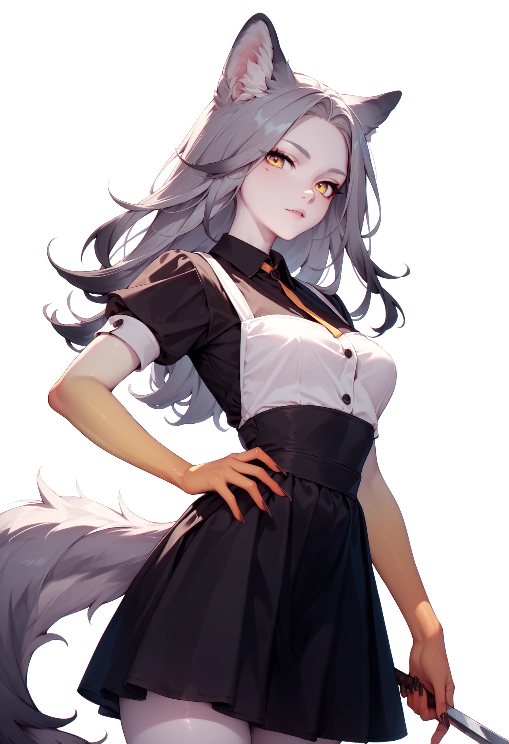 score_9, score_8_up, score_7_up, score_6_up, monster girl, wolf girl, wolf tail, multicolored hair, grey hair, yellow eyes, gradient skin, pale skin, <lora:BoleroMix_LycoExtract_r128:1:1:lbw=FXL_OUT12>, looking at viewer, waitress outfit, fauxhawk