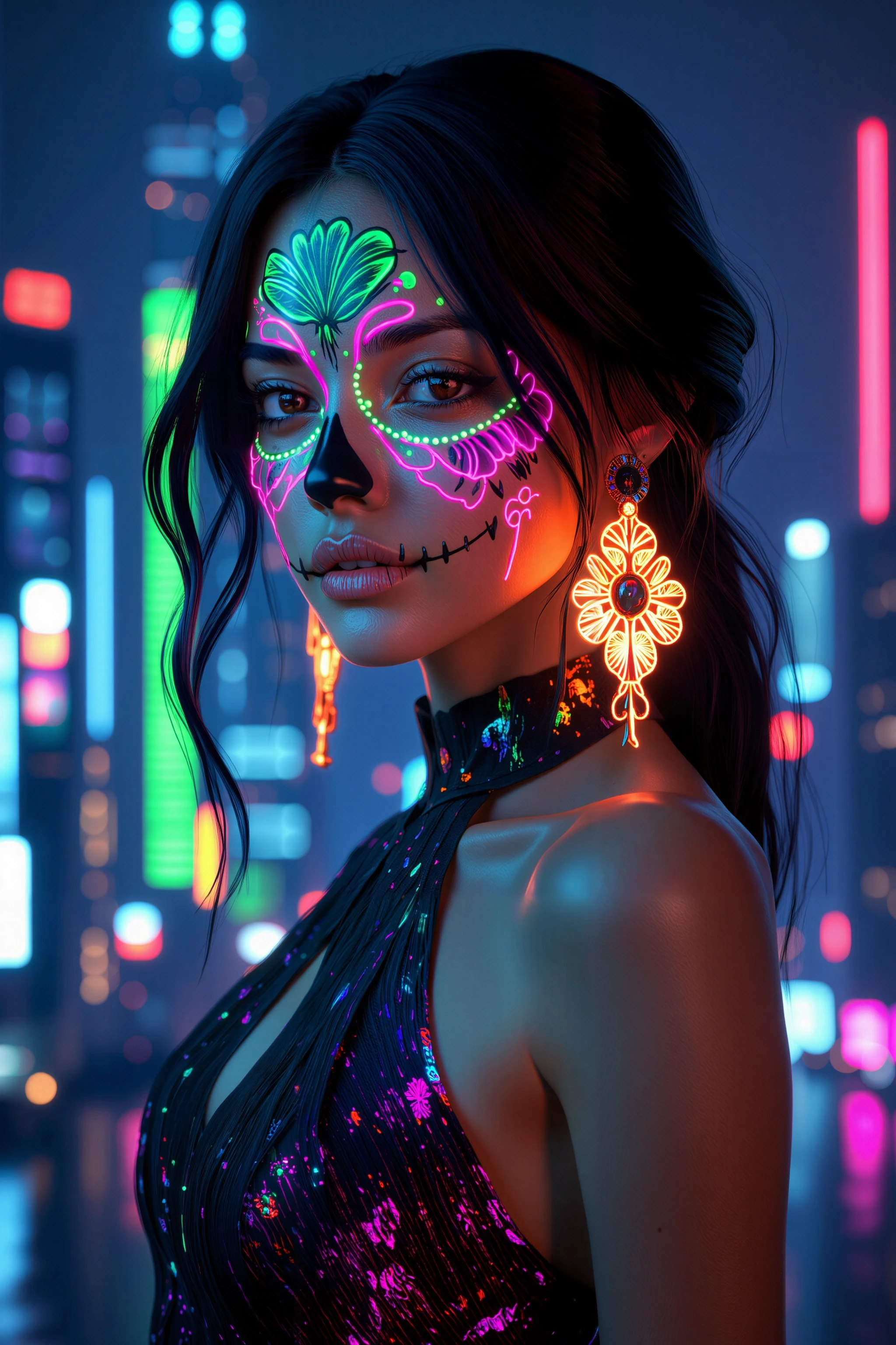 IMG_0012.JPG, Woneon_facepaintflx, A gorgeous woman with jet-black hair, neon-green and pink sugar skull face paint with floral patterns, bright neon accents highlighting her features, standing in front of a neon-lit city skyline, wearing a neon-lined futuristic dress and glowing earrings, photo-realistic, highly detailed,