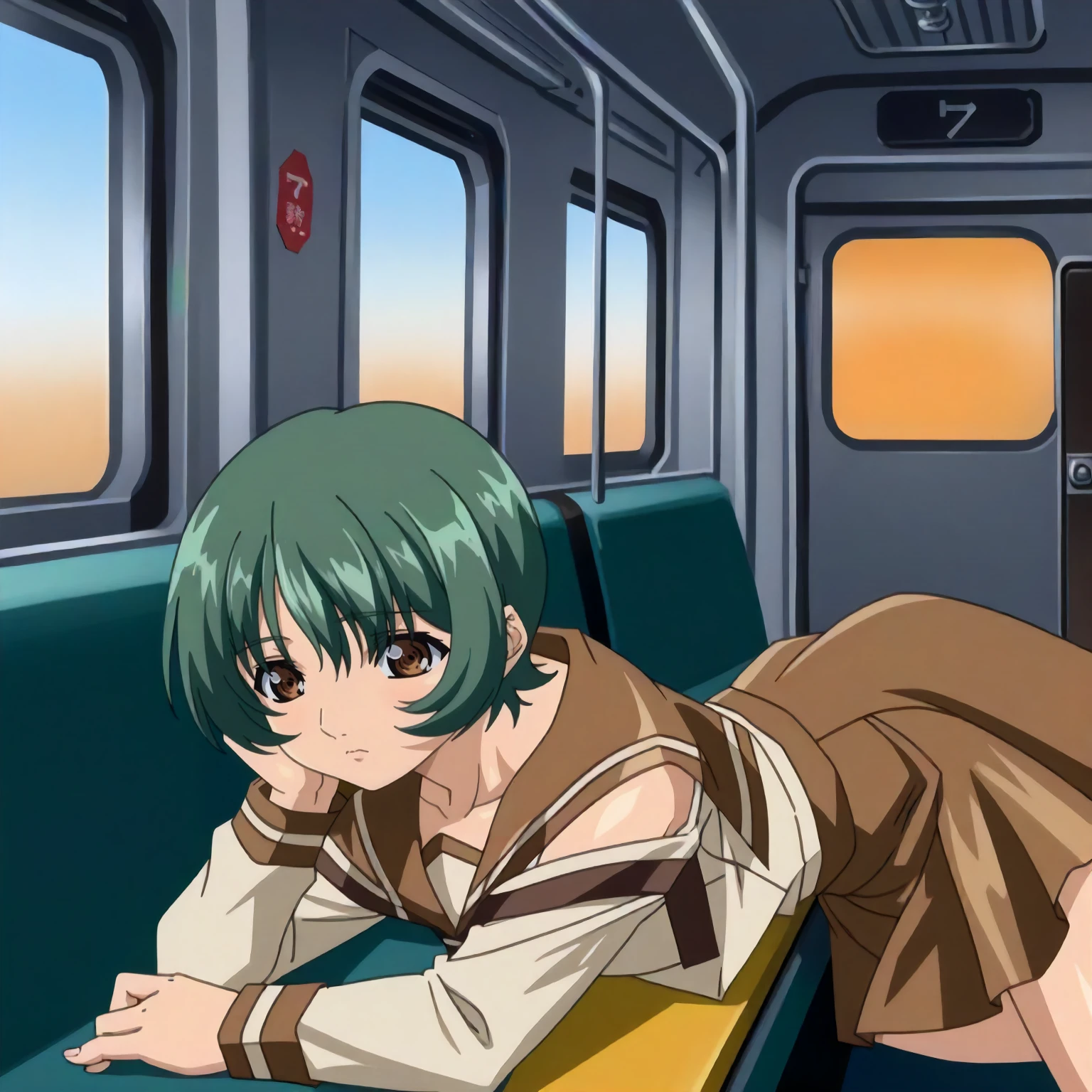 <lora:GSE_AkiXLpony002>,
inside the train,
solo,
Aki,1girl,green hair,short hair,brown eyes,
school_uniform,brown sailor collar,shoulder cutout,white shirt,long_sleeves,
navel,brown skirt,miniskirt,
on stomach,