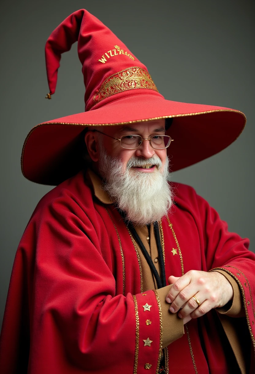 an image of terry pratchett dressed as a wizard in a red robe and pointy hat which are clumsily embroidered with stars and lightning bolts. On the hat in gold lettering it says "WIZZARD"