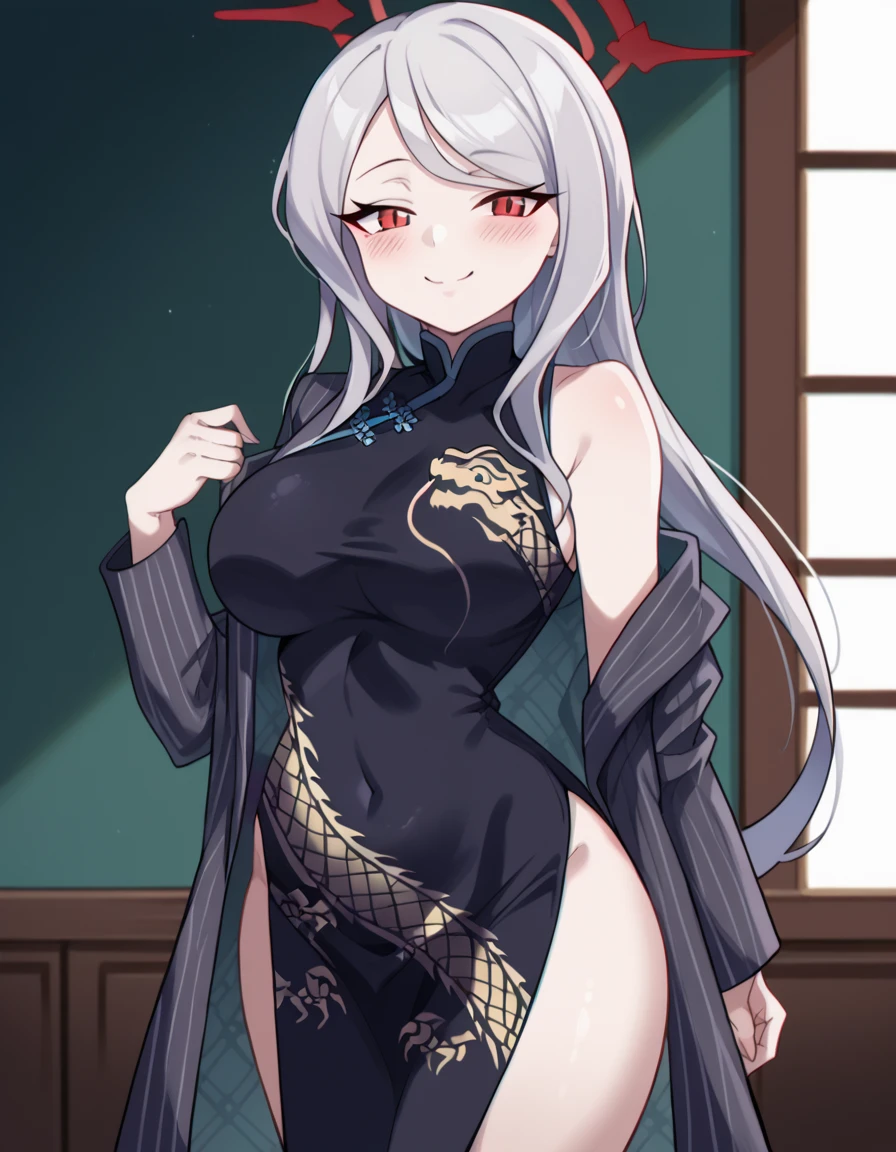 score_9, score_8_up, score_7_up, source_anime, <lora:shalltear-bloodfallen-s1s2-ponyxl-lora-nochekaiser:1>, shalltear, grey hair, long hair, red eyes, silver hair, large breasts,, <lora:blue-archive-kisaki-cosplay-ponyxl-lora-nochekaiser:1>, blue archive kisaki cosplay, kisaki (blue archive) (cosplay), dragon print, china dress, print dress, chinese clothes, pinstripe jacket, sleeveless turtleneck dress, cosplay, vertical-striped jacket, pinstripe pattern, pelvic curtain, striped coat, grey coat, black dress, sleeveless dress,, indoors, from side, blush, smile,, cowboy shot, looking at viewer