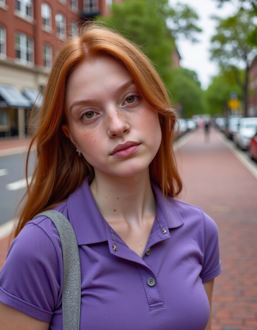 <lora:y43lk_08F1D-000013:1>,(medium shot:0.8) photograph of (beautiful 24 year old) (y43lk:1.2) woman with dark ginger hair,as a college student,standing on a Boston sidewalk,wearing a purple polo shirt,with her right arm out to hail a uber taxi,fit and tanned,jewelry,lipstick,makeup and eyeshadow,(upper body),professional magazine photoshoot,modelshoot style,face focus,(bokeh),facing viewer,