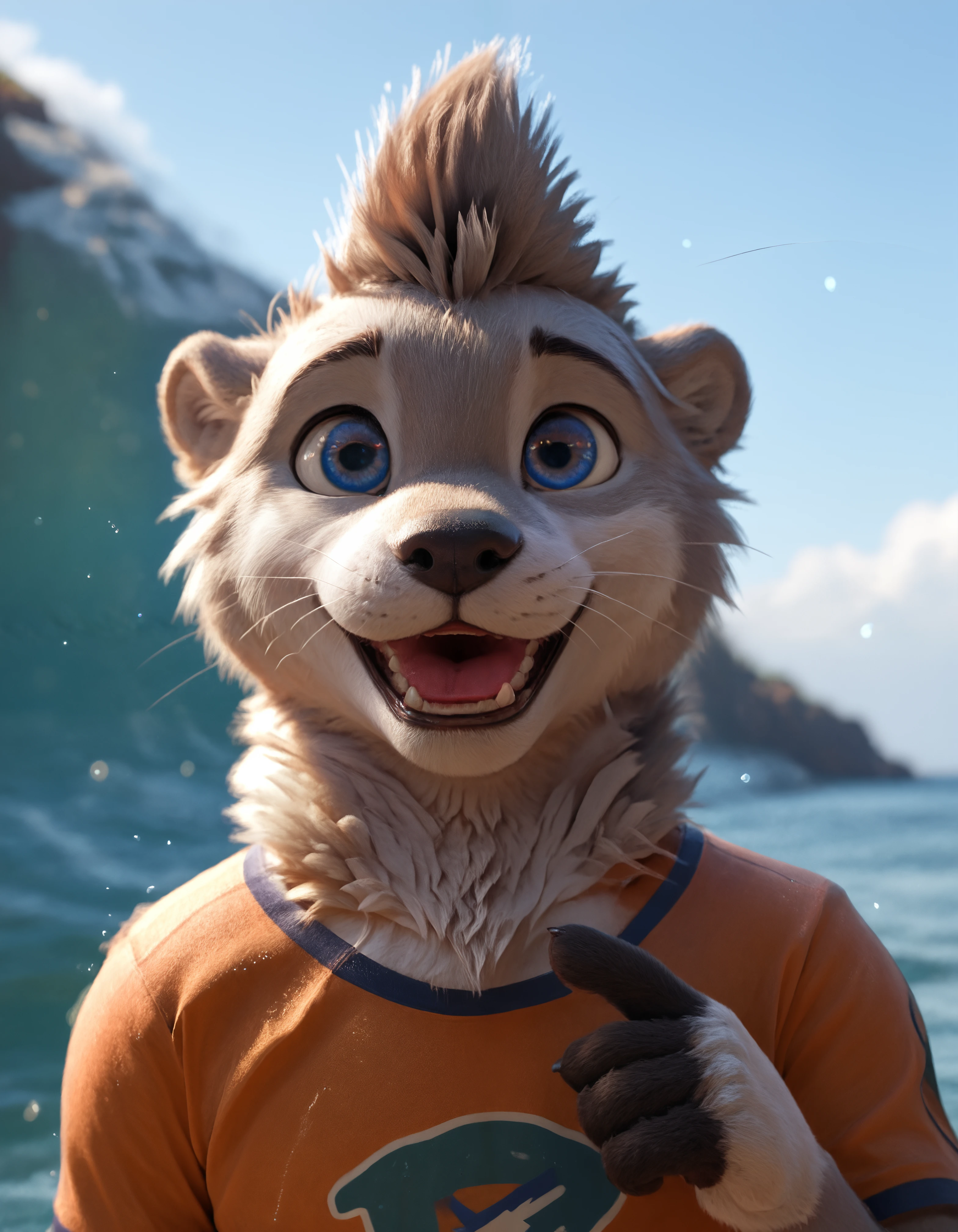 score_9, score_8_up, score_7_up, BREAK rating_safe, detailed, cinematic lighting, hdr, particles, masterpiece, best quality, ultra realistic, 4k, 2k, film photography, RAW photo, photorealistic, analog style, subsurface scattering, photorealism, fluffy fur, detailed fur, <lora:add-detail-xl:3.0>, <lora:2.5DRealisticV2.safetensors:0.25>, <lora:sinfully_stylish_SDXL.safetensors:1.0>, <lora:AdvancedEnhancerXLv2.safetensors:1.0>, dutch angle, (detailed background:1.1), <lora:olive_xylious-10.safetensors:1.0> olive_xylious, anthro, male, solo, male focus, 1boy, clothing, orange shirt, furry, furry male, otter, fur, tail, hi res, blue eyes, :3, upper body, close up, looking at viewer, hand greeting, pawpads, palm forward, wave, hand up yawning, black stripes