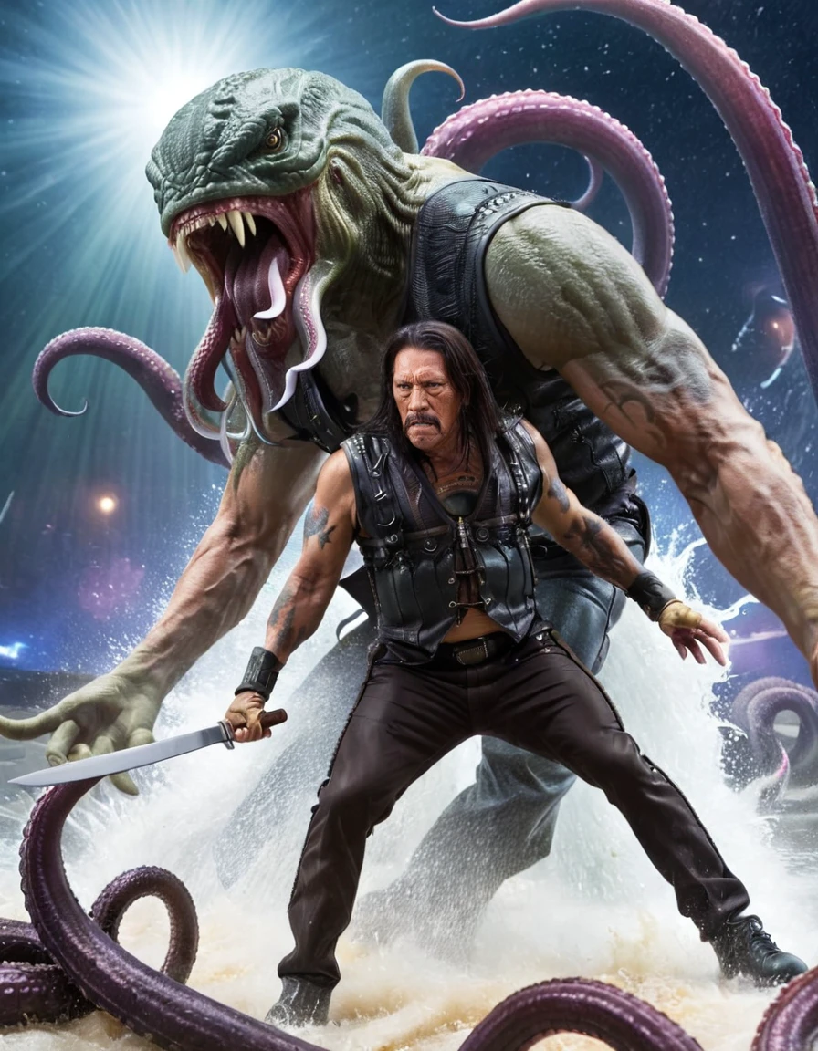 lovecraftian horror, <lora:MacheteSDXL-000008:1>, photo of MacheteSDXL fighting a (tentacle monster:1.4), (solo:1.2), facing the monster, eldritch, cosmic horror, unknown, mysterious, surreal, highly detailed