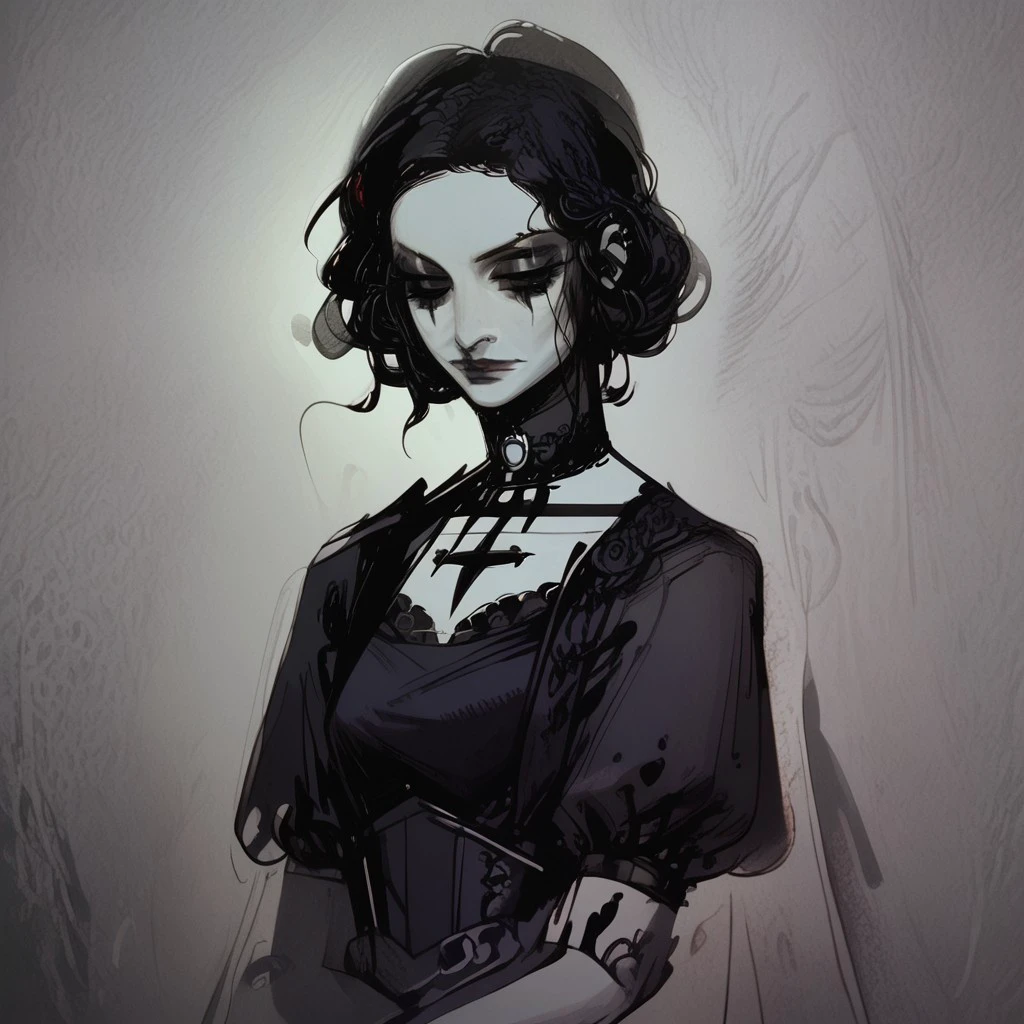 score_9, score_8_up, score_7_up, LeonardoDaVinciSketch, sketch, 1 girl, goth girl, victorian, victorian goth, goth dress, victoria dress