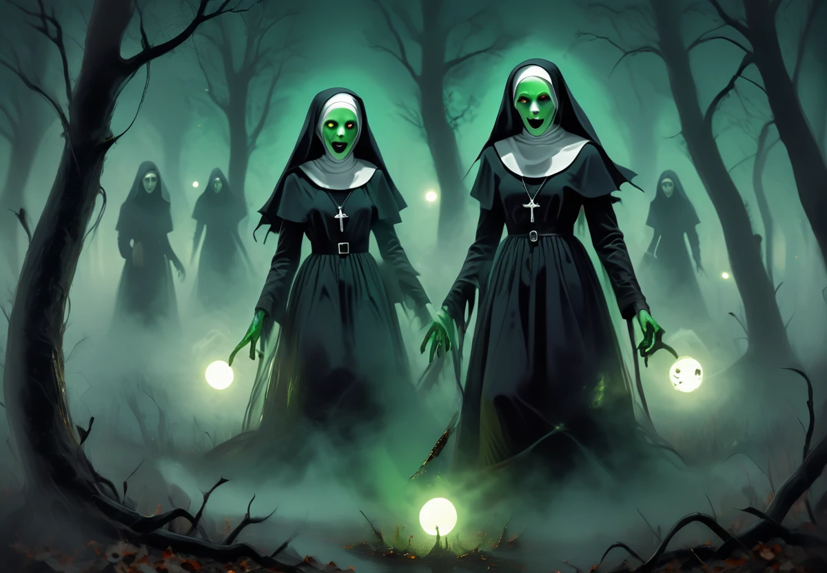 ((Evil Nun)) in the (Moonlit Clearing), created in the style of Creepy using Photography, and a palette of Wicked Witch: Poison Green, Deep Violet, Midnight Black, Emerald Green, Moonlight Silver,  <lora:artfullyHW24:1>,