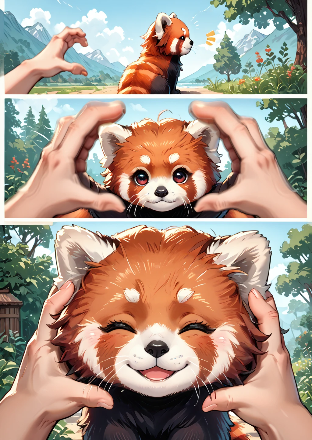 score_9, score_8_up, score_7_up, score_6_up, score_5_up, score_4_up, smiling, happy, (eyes closed:1.5), mouth open, cute female furry feral chibi red panda, source_furry <lora:Red_Panda-000012:0.6> red panda, animal, human <lora:Fantasy:1> awawa, outdoors  <lora:SnootChallenge_XLPD:1.2> incrssnootchallenge, comic, pov hands, motion lines, motion blur