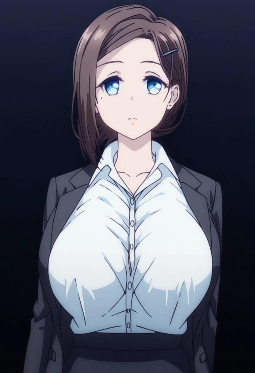 , score 9, score 8 up, score 7 up, score 6 up, source anime, Expressiveh, long breast, welost, 1 girl, black background, standing, looking at viewer, kouhai, short hair, blue eyes, brown hair, hair ornament, hairclip, mole, mole under eye, large breasts, skirt, shirt, white shirt, collared shirt, black skirt, dress shirt, formal, suit, pencil skirt, office lady, upper body, solo girl,