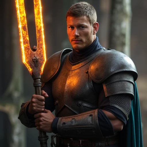 an image of tom hopper wearing power armor holding a glowing spear