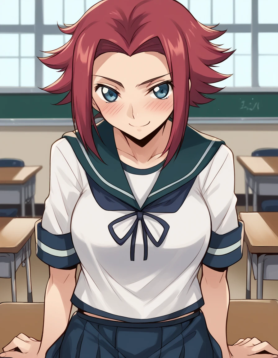 score_9, score_8_up, score_7_up, source_anime, <lora:kallen-stadtfeld-s1-ponyxl-lora-nochekaiser:1>, kallen stadtfeld, blue eyes, red hair, short hair, large breasts,, <lora:kancolle-fubuki-cosplay-ponyxl-lora-nochekaiser:1>, kancolle fubuki cosplay, fubuki (kancolle) (cosplay), blue skirt, cosplay, pleated skirt, sailor collar, school uniform, serafuku, neckerchief, ribbon,, indoors, smile, blush, sitting, classroom,, cowboy shot, looking at viewer,