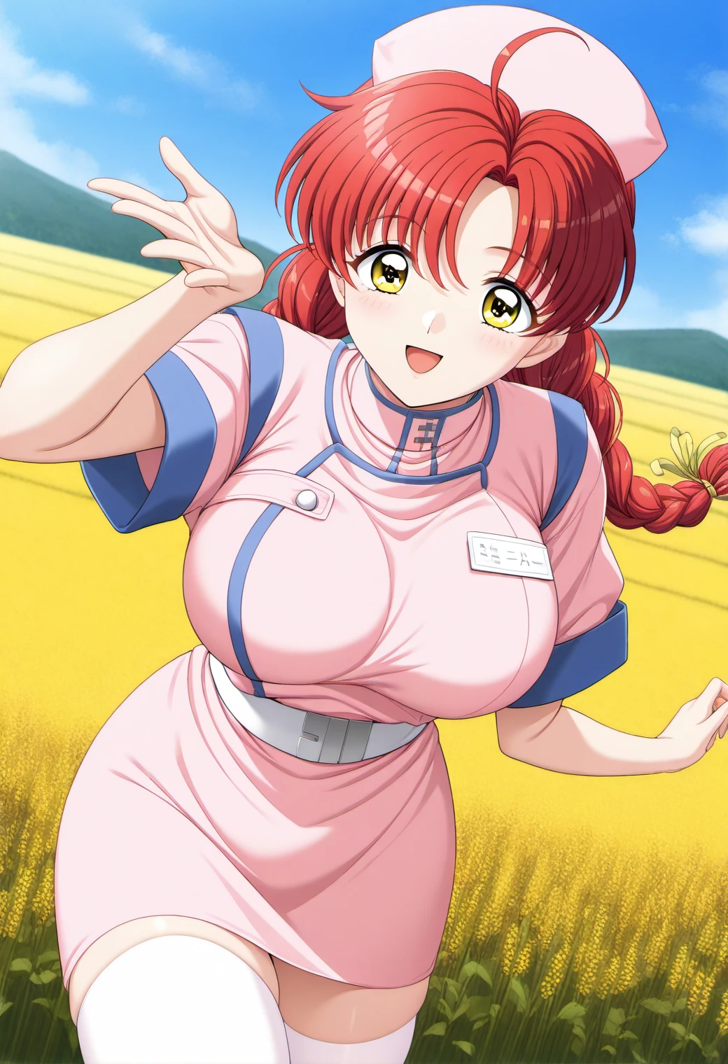 1girl, solo, (field:1.2), (blue sky:1.2), large breasts, smile, (cowboy shot:1.2), (dynamic pose:1.2),
makino_rie, yellow eyes, red hair, long hair, twin braids, hair ribbon, pink nurse, pink nurse cap, short sleeves, white thighhighs, <lora:makino_rie_illustrious_ver1:0.8>, rating, masterpiece, best quality, good quality, newest