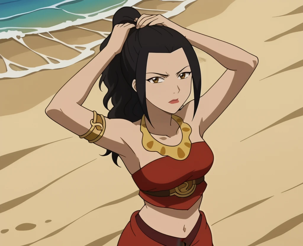 score_4_up, beach, anime screencap, anime coloring, source_anime, <lora:Azula_Wavy_Hair:0.8>, azul4, 1girl, solo, black hair, bare shoulders, necklace,  brown eyes, ponytail, wavy hair, long hair, armlet, crop top, sarong, midriff, sandals, toeless footwear,  long skirt,  sleeveless BREAK looking at viewer, from behind , upper body, tying hair, arms up