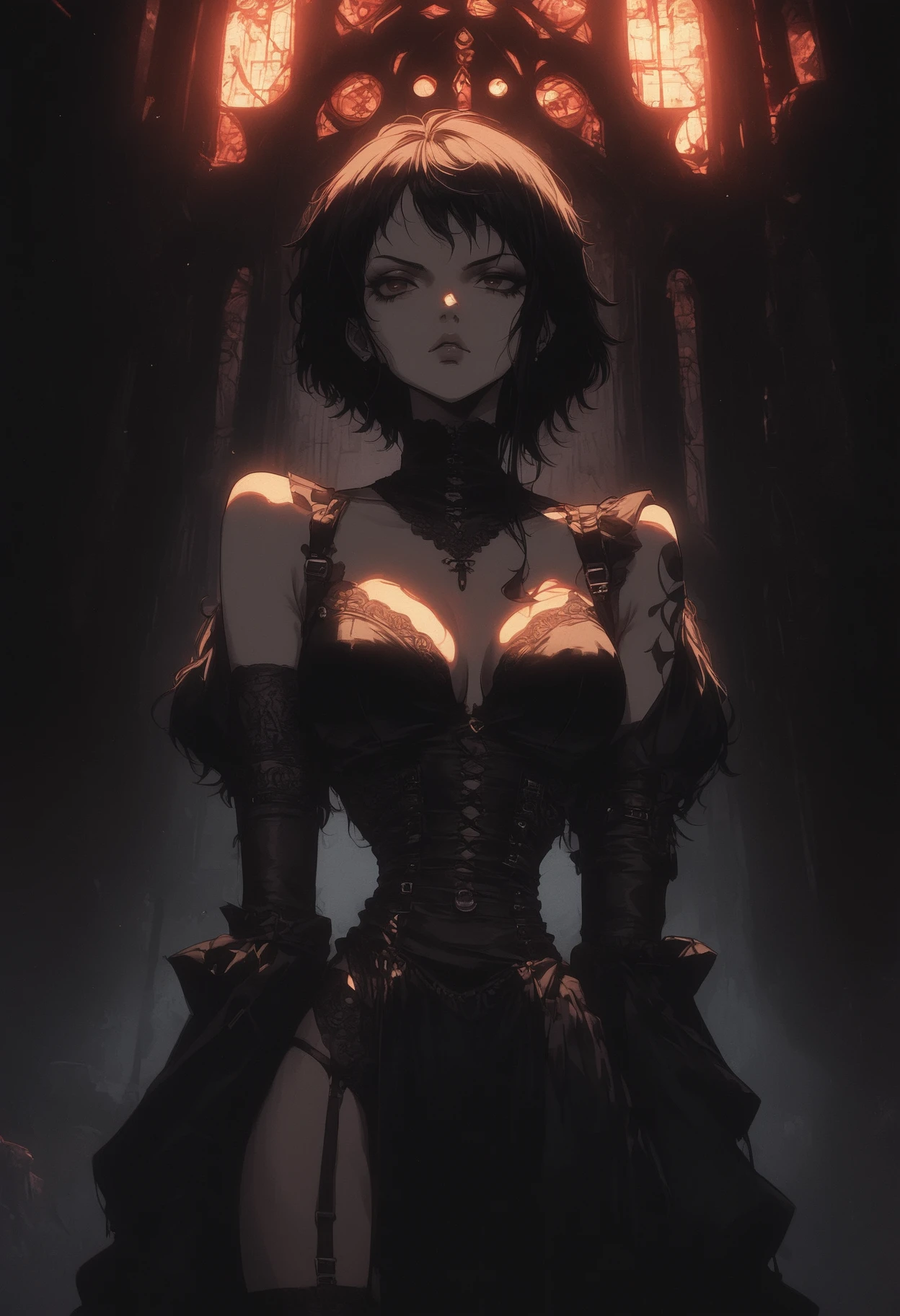 score_9, score_8_up, score_7_up, score_6_up, score_5_up, score_4_up,
solo, 
nami, gothic architecture, black leotard, black hair, small waist, eye shadow, midriff, arms spread, dagger, dark theme, exposed shoulders, black fingerless elbow gloves, black thi...