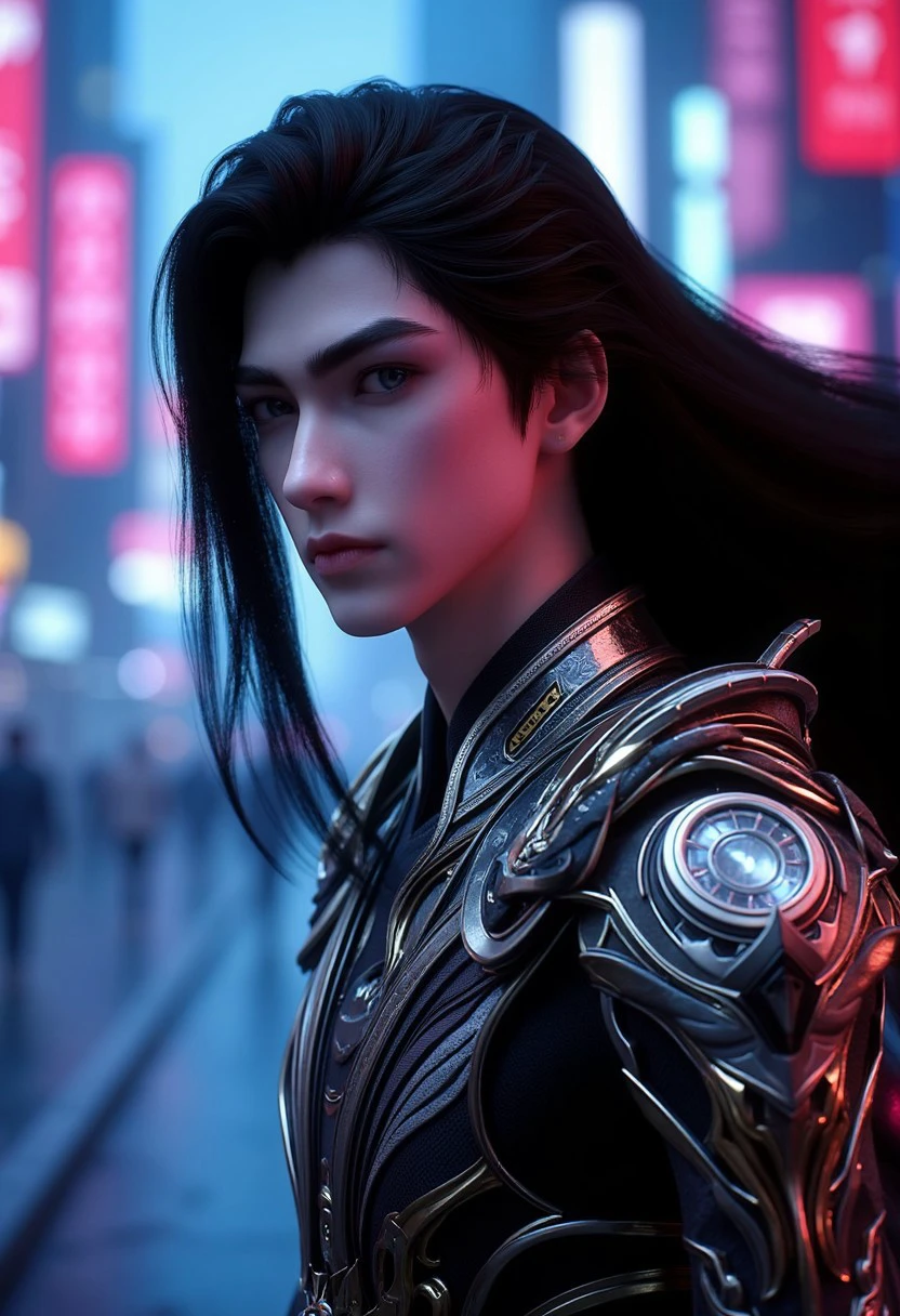 3d cgi rendering of a man Shihao mecha warrior with extremely epic superhero appearance in ultra cinematic dynamic pose. Gentle otherworldly face. Ultra realistic skin texture. Ultra detailed lips and eyes. Long eyelashes. Cute face, soft plump cheeks, full sweet lips. black long flowing hair cascade down his back. Extremely expressive pose and gaze. BREAK Huge cyber mecha fantasy futuristic wings on his back like he is etherial god. BREAK fantasy cosmic night megapolis neon lights and thunderbolts background with sci-fi and fantasy collab.