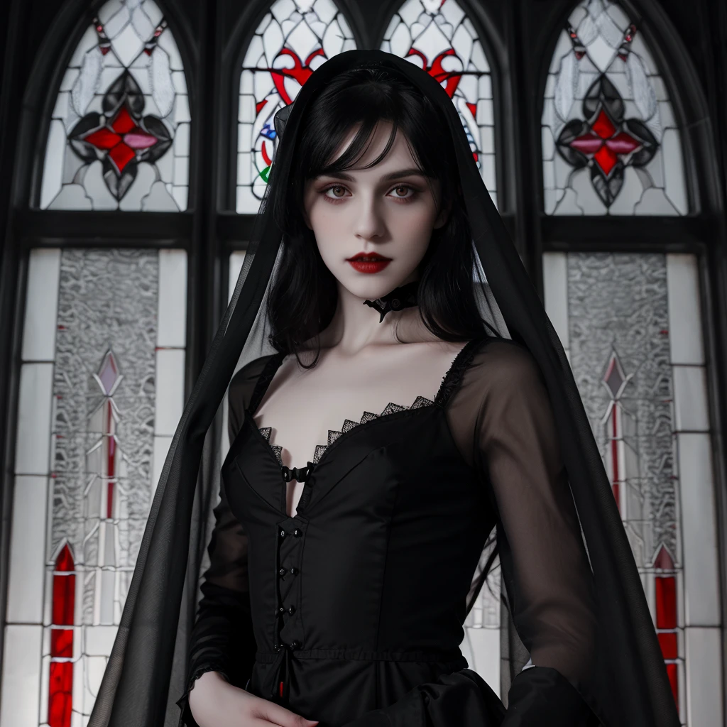 photo realistic, young vampyr, gothic castle, vampyr girl, pale skin, black hair, , bangs, , giant epic castle, stained glass background, transparent black veil, dark red lipstick, slim body
<lora:tendril_bangs_v1.9:1.5>